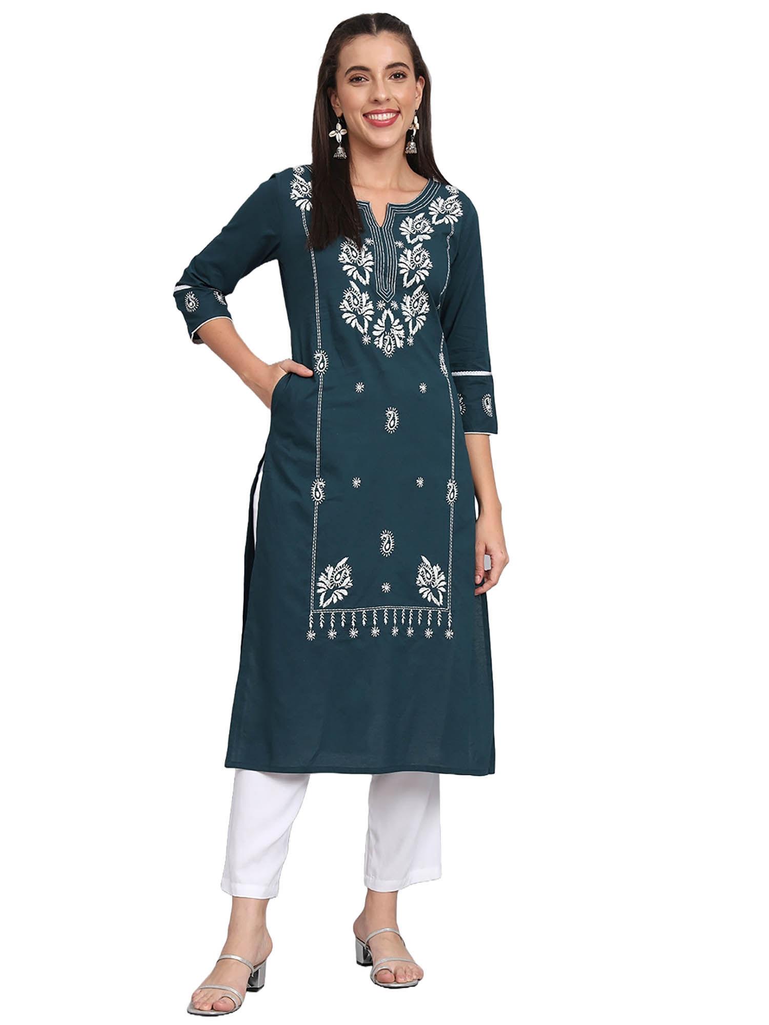 cotton teal blue chikankari embroidered straight kurta with lace embellishment