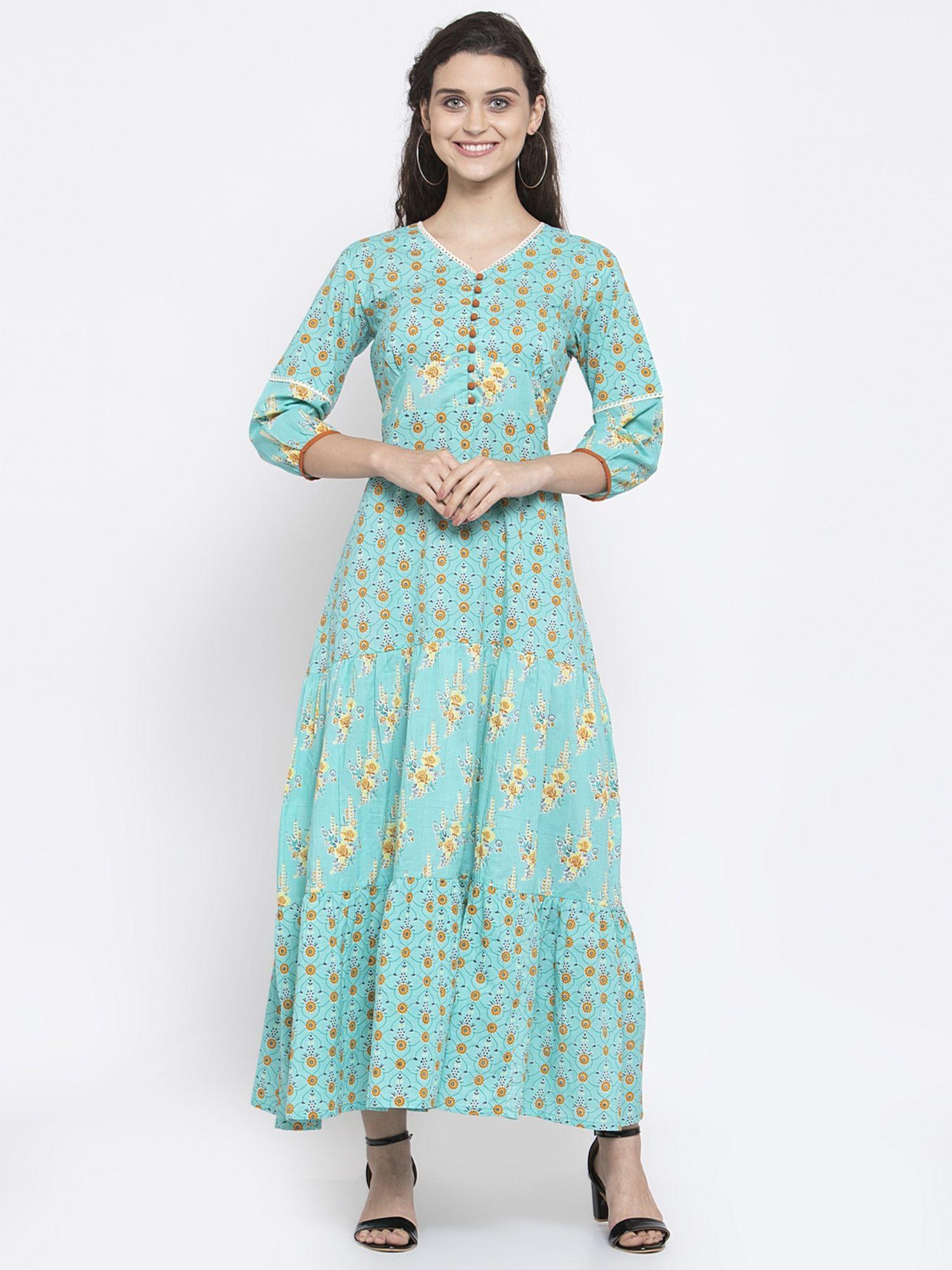 cotton teal blue floral print a-line dress