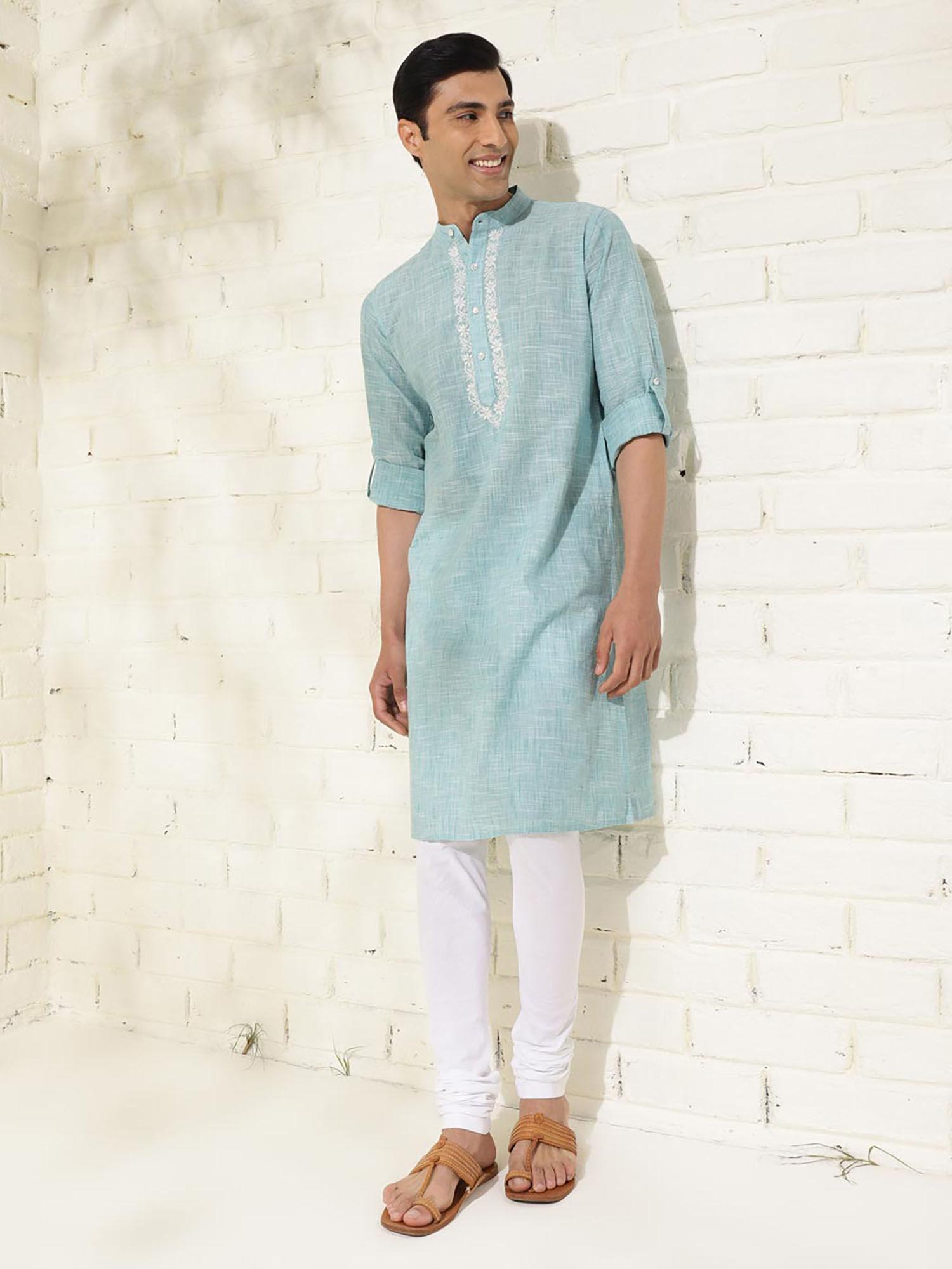 cotton teal embroidered mandarin neck roll-up sleeves slim fit men kurta