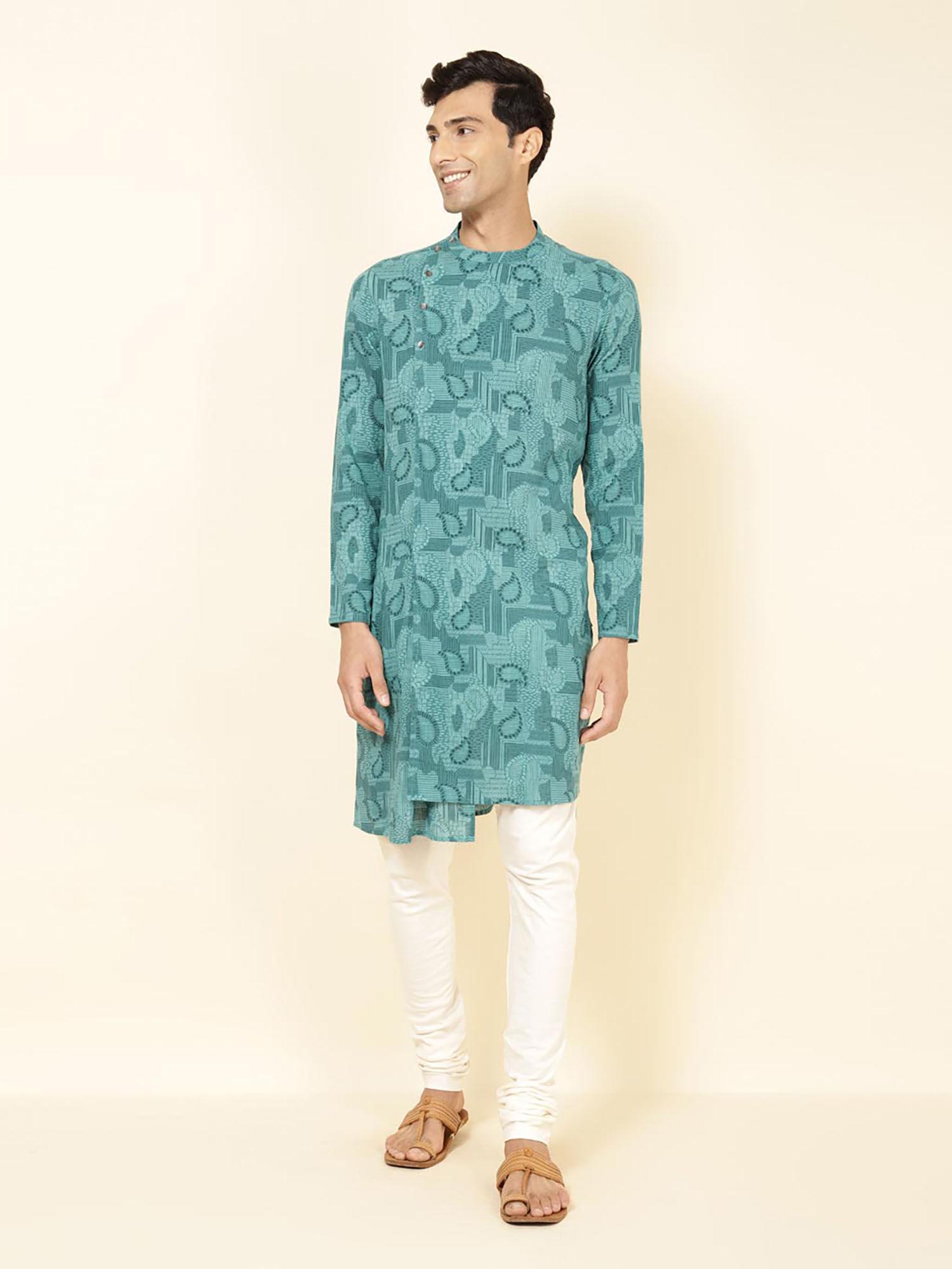 cotton teal paisley print full sleeves slim fit men kurta