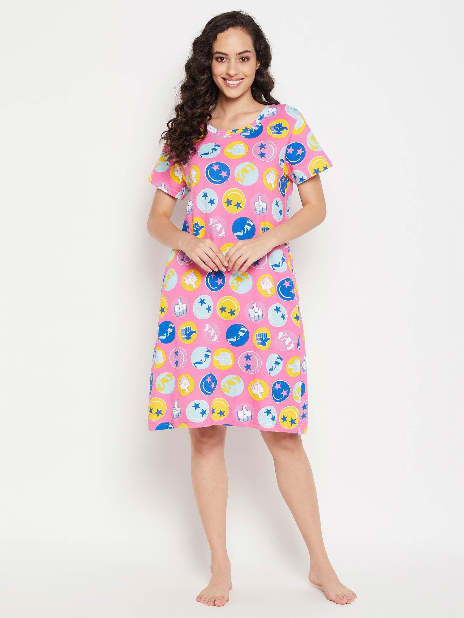 cotton text & graphic print short night dress with pocket