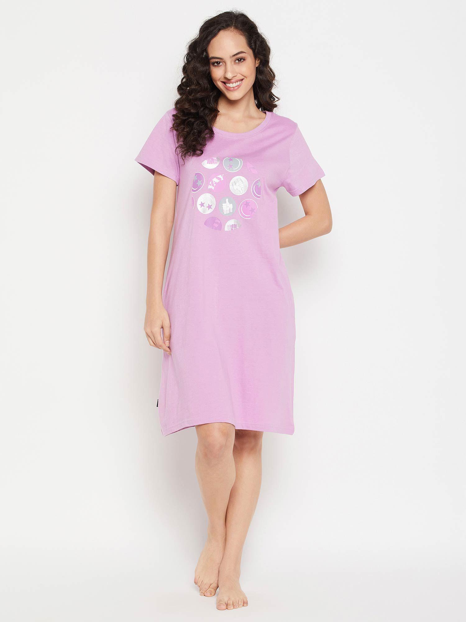 cotton text & graphic print short night dress with pocket