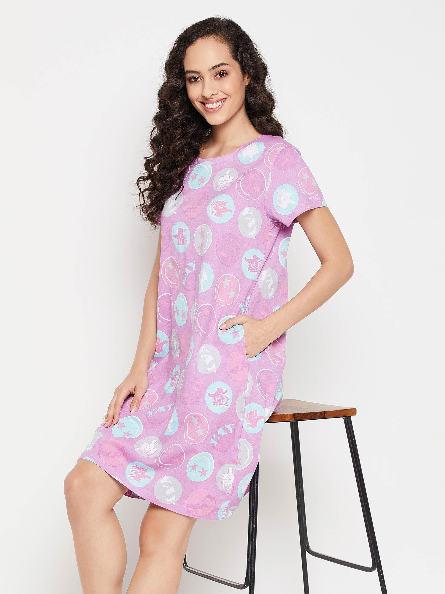 cotton text & graphic print short night dress with pocket