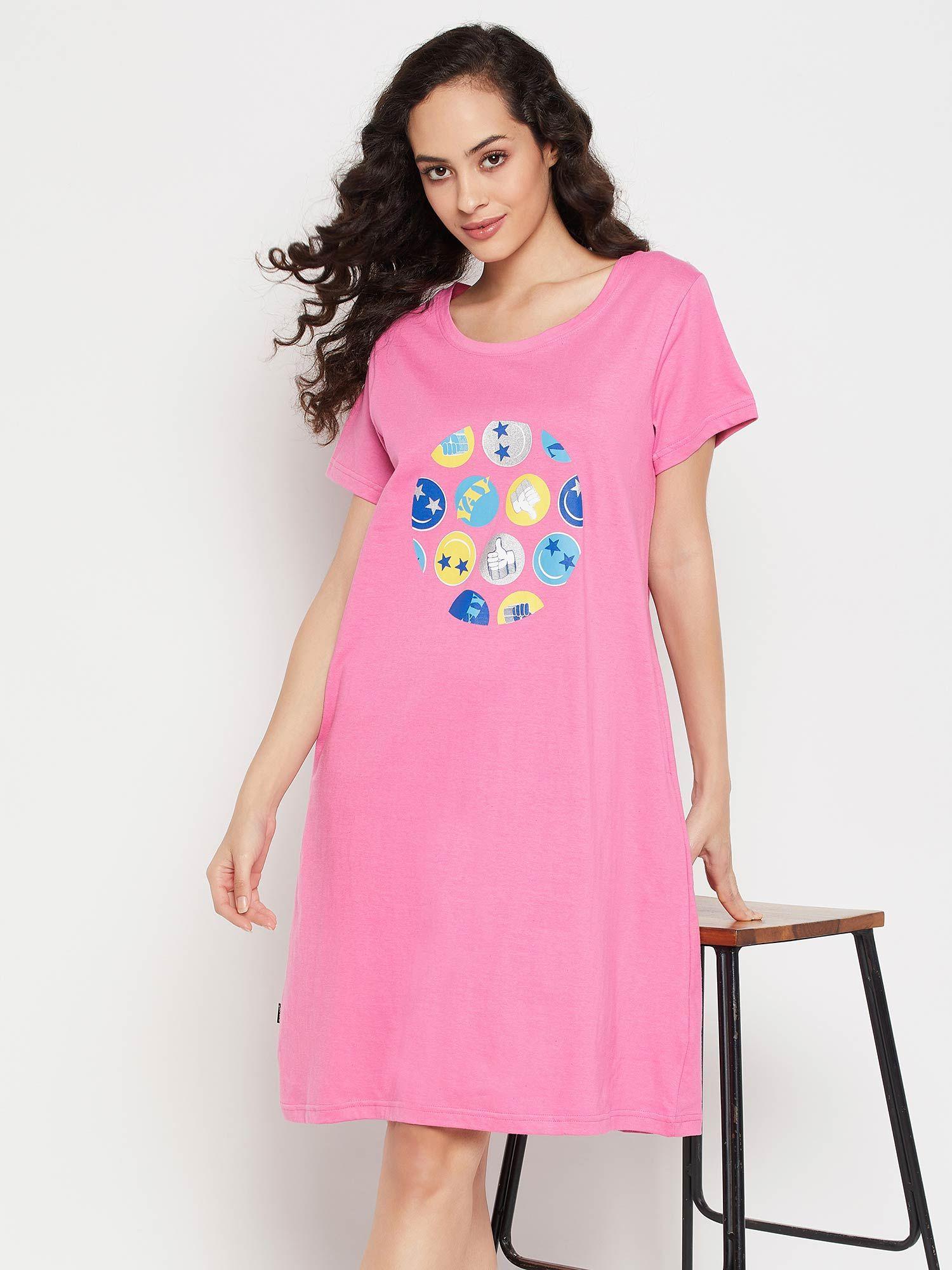 cotton text and graphic print short nightdress with pocket