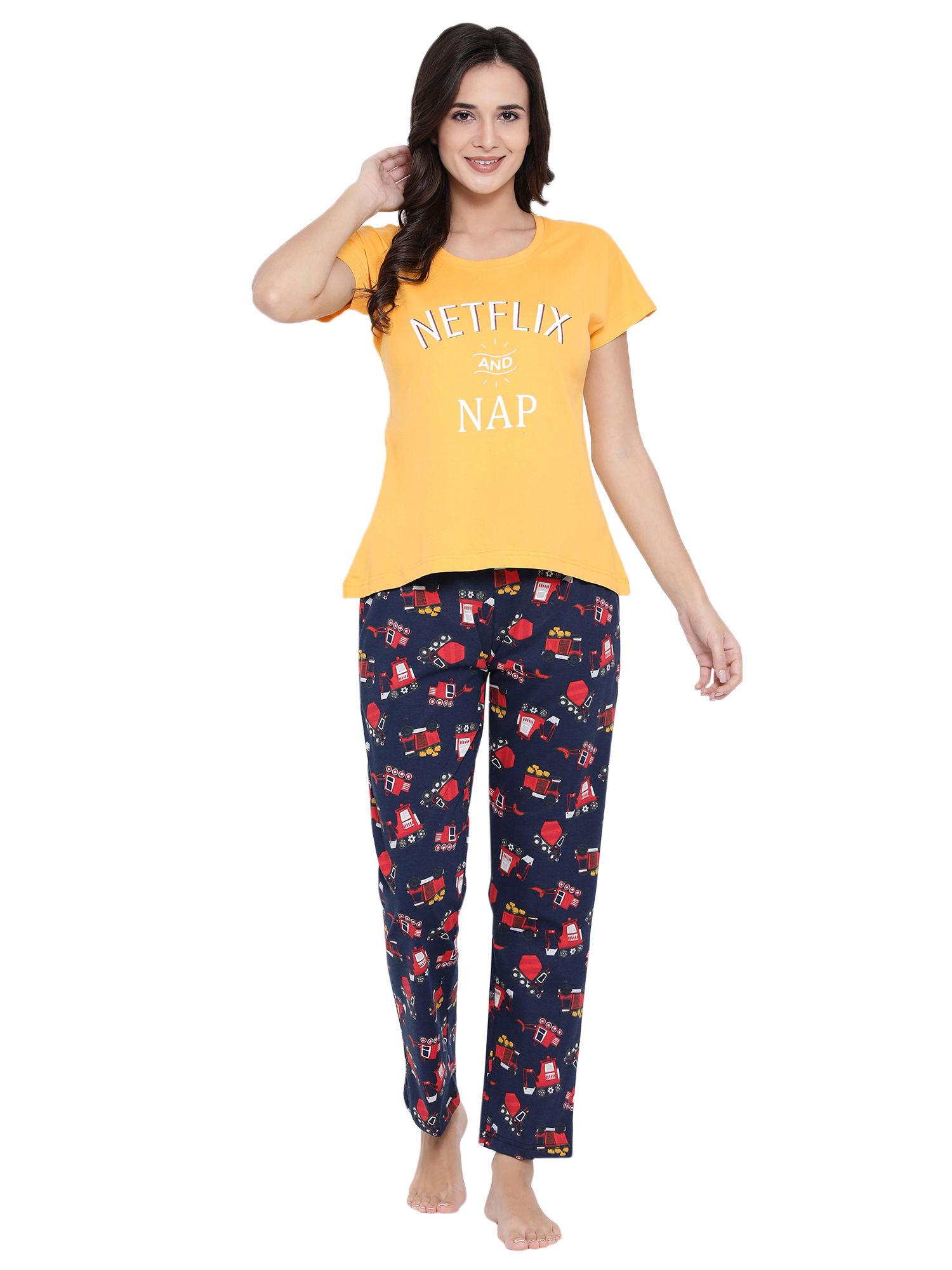 cotton text print top & pyjama set - multi-color