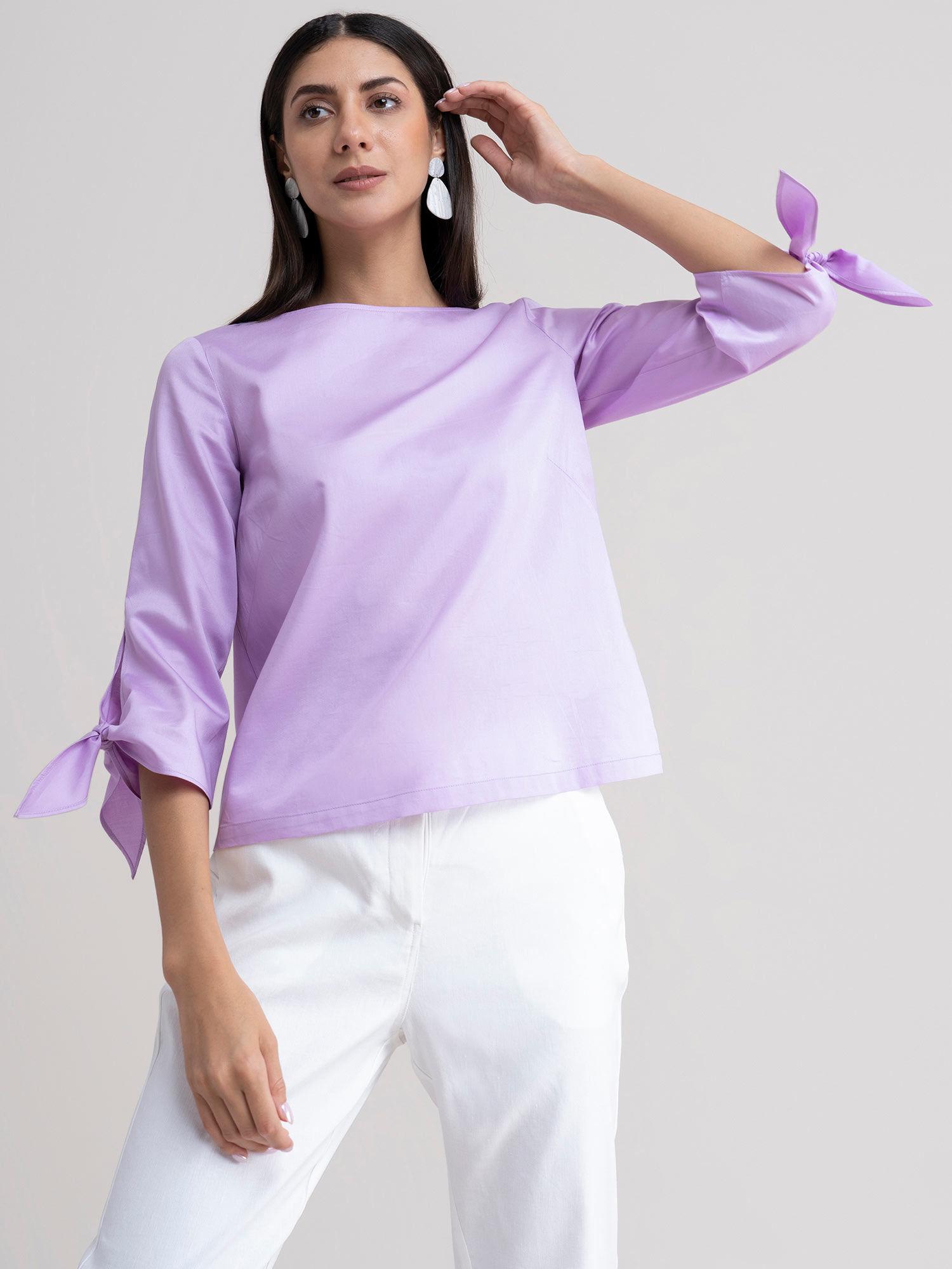 cotton tie up sleeve top - lilac