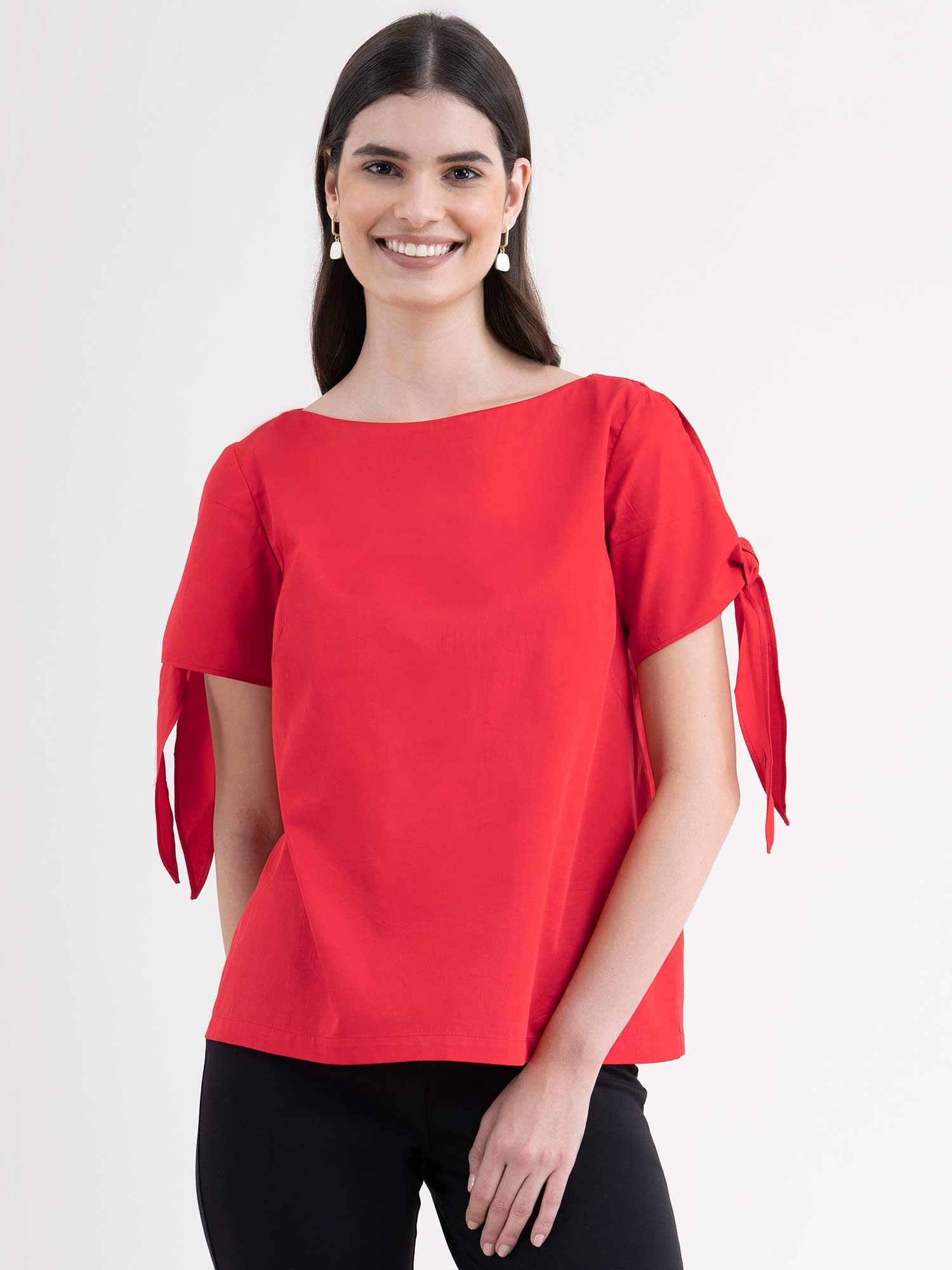 cotton tie-up sleeve top - red