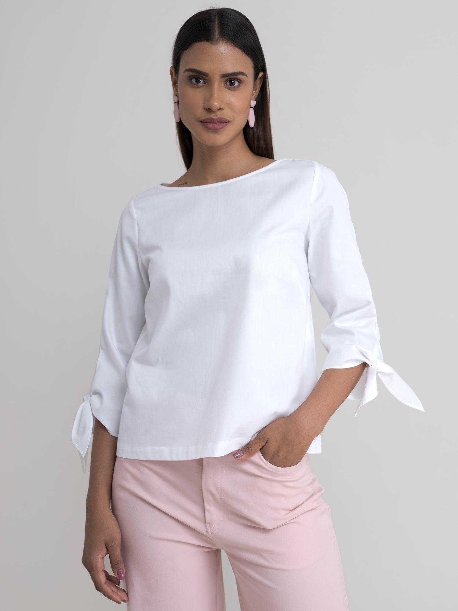 cotton tie up sleeve top - white