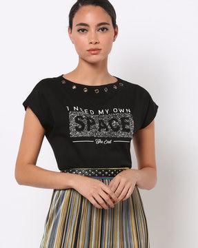 cotton top with placement typographic print