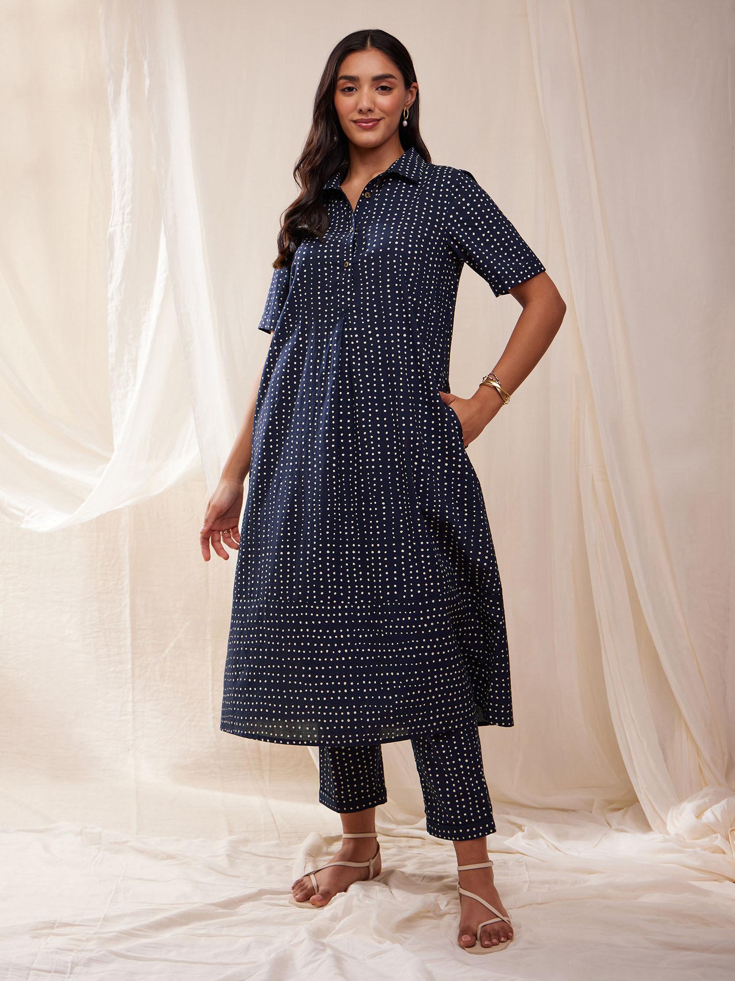 cotton tribal print a-line anarkali kurta with pant- blue (set of 2)