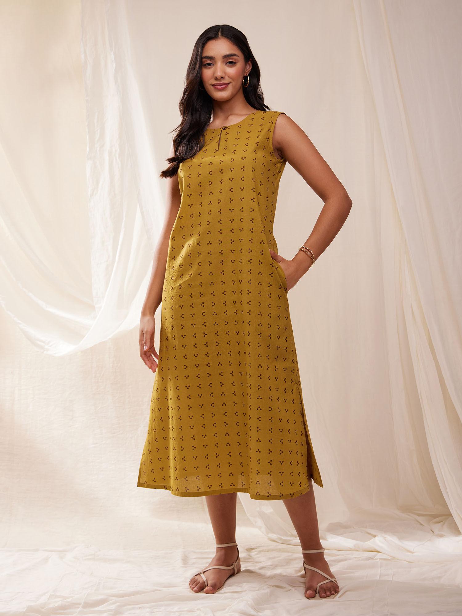 cotton tribal print a-line dress- mustard