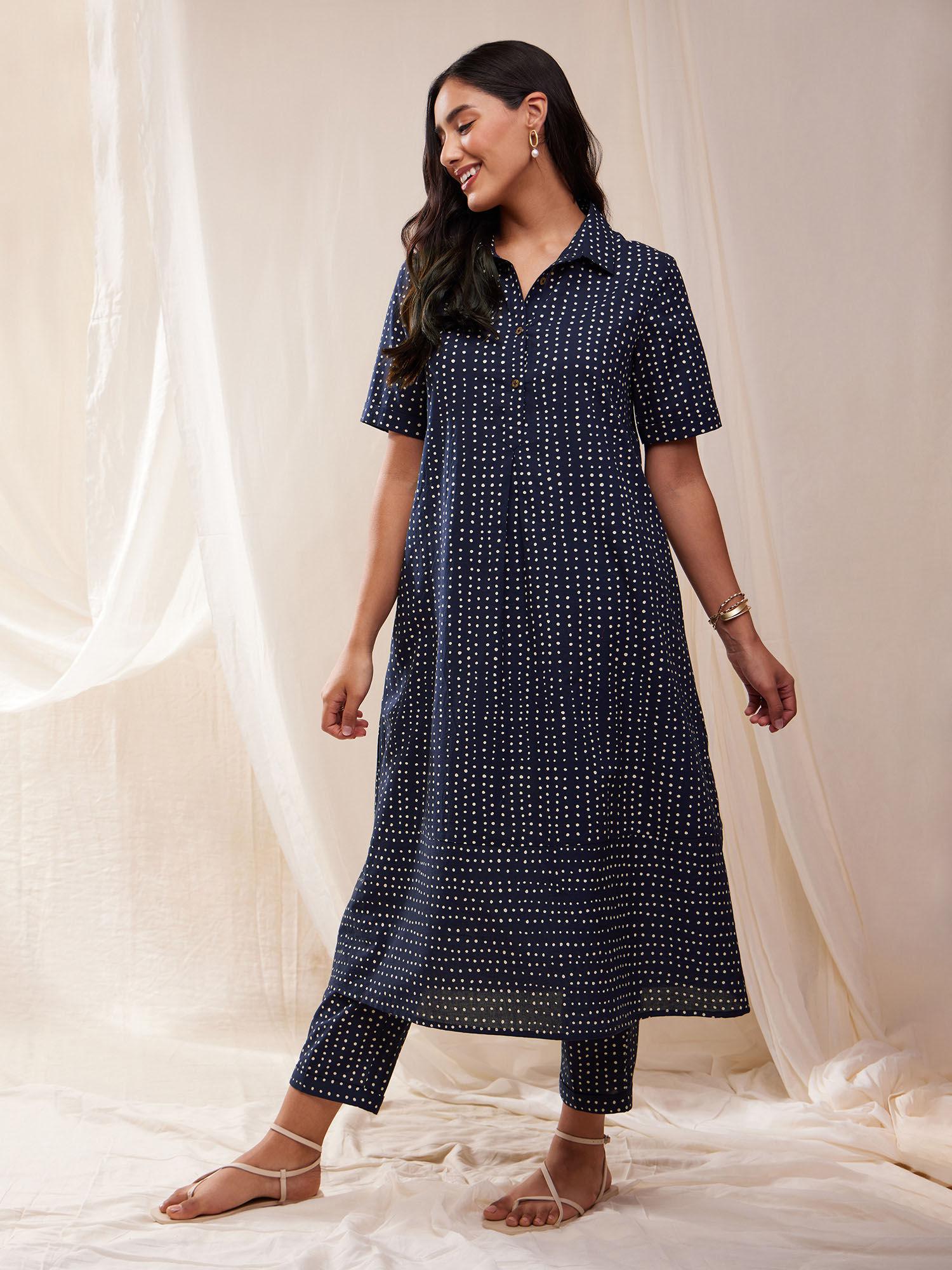 cotton tribal print a-line kurta- blue