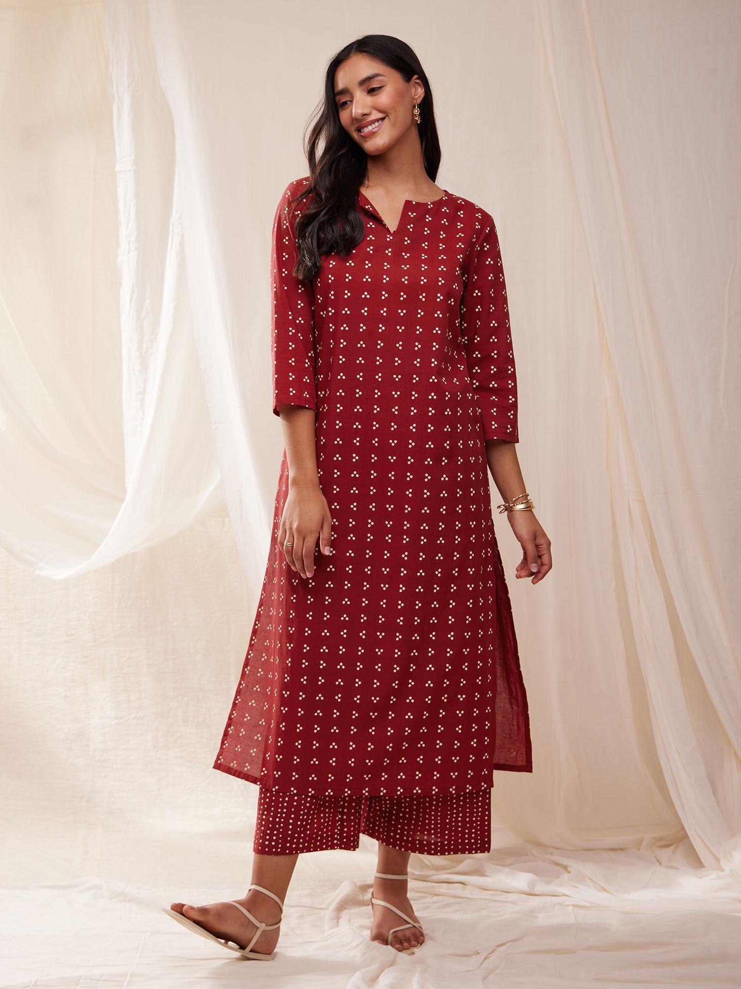 cotton tribal print straight kurta- red