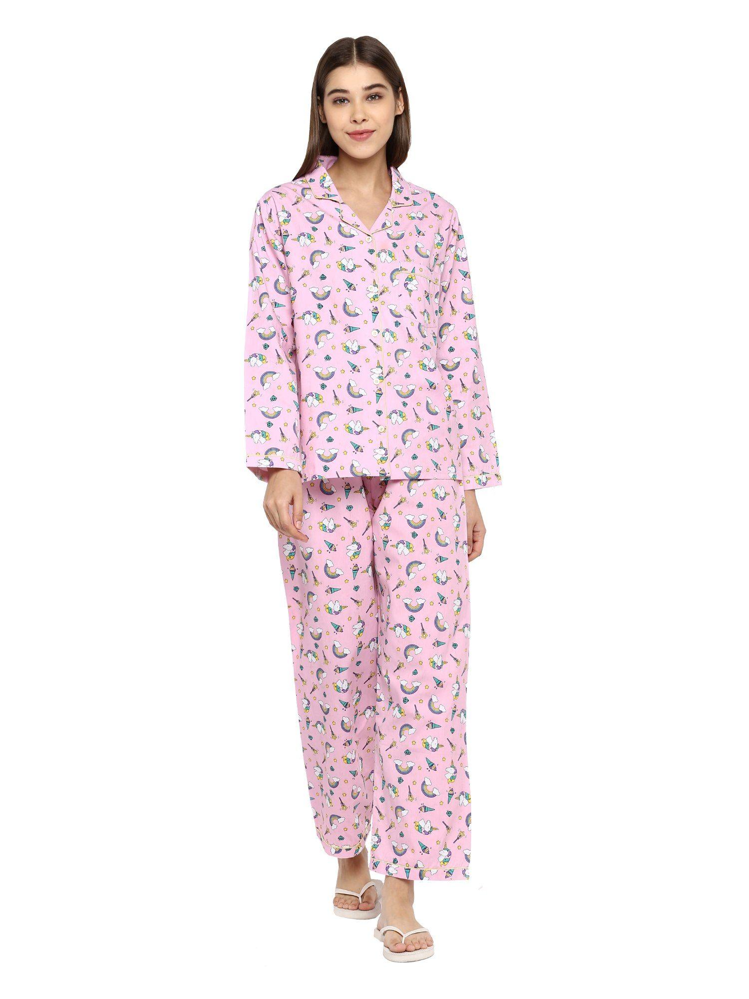 cotton unicorn print | long sleeve with pajama set | women's night suit - pink