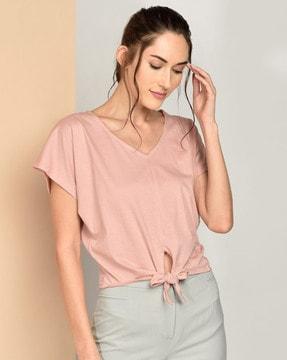 cotton v-neck top with tie up