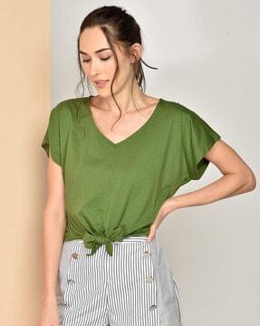 cotton v-neck top with tie up