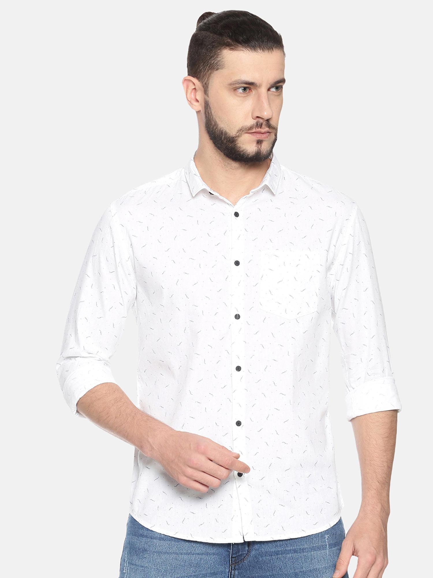 cotton white abstract casual slim fit shirt