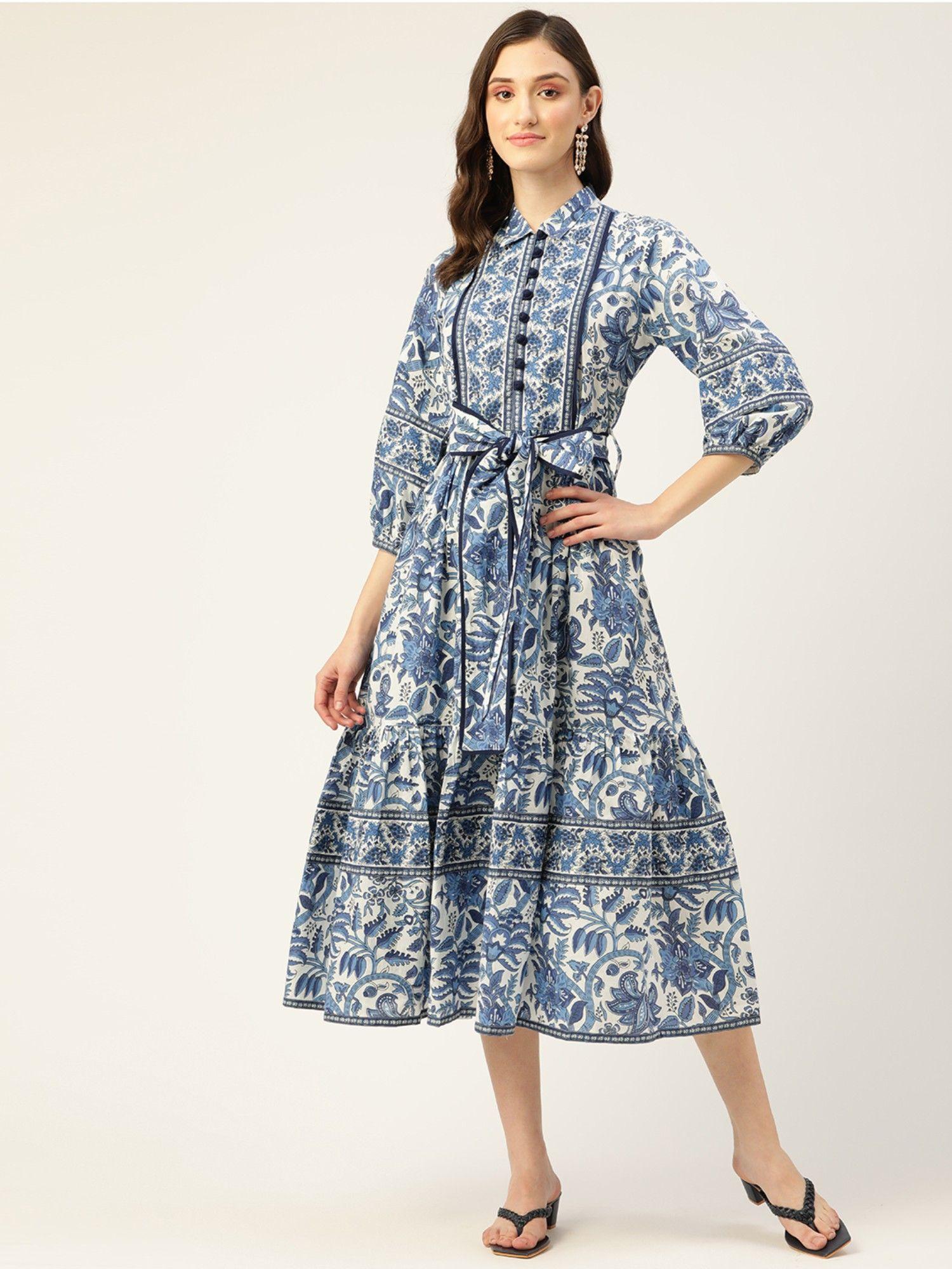 cotton white and blue printed mandarin collar three fourth sleeves women dresses