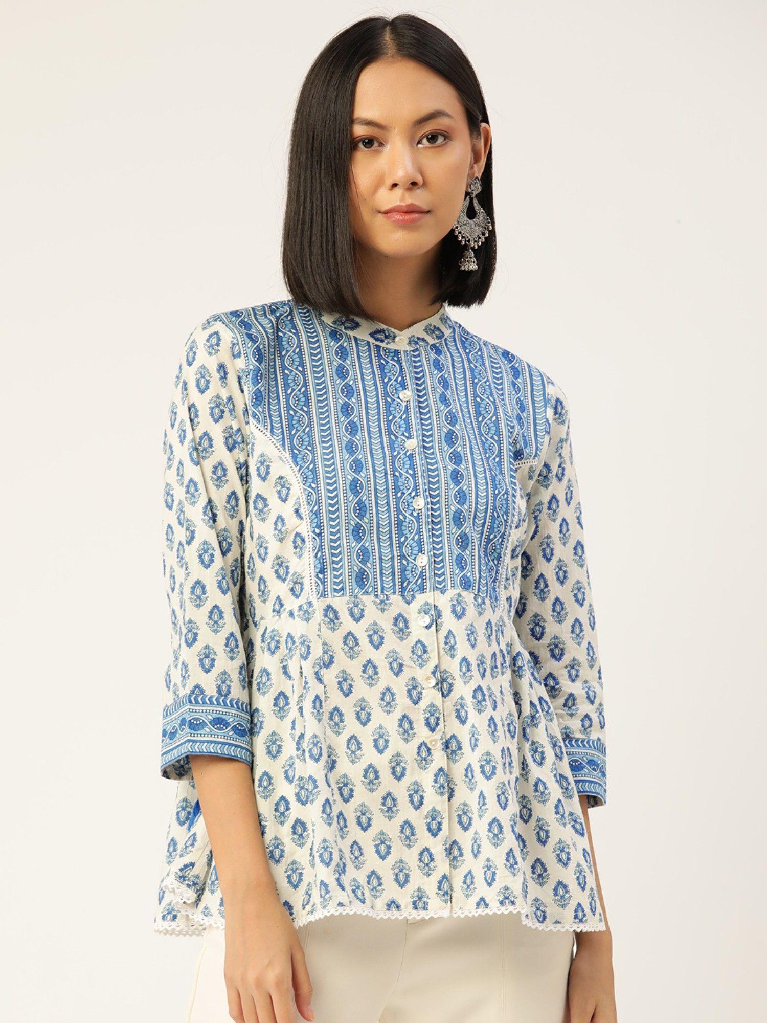 cotton white and blue printed mandarin collar three fourth sleeves women top