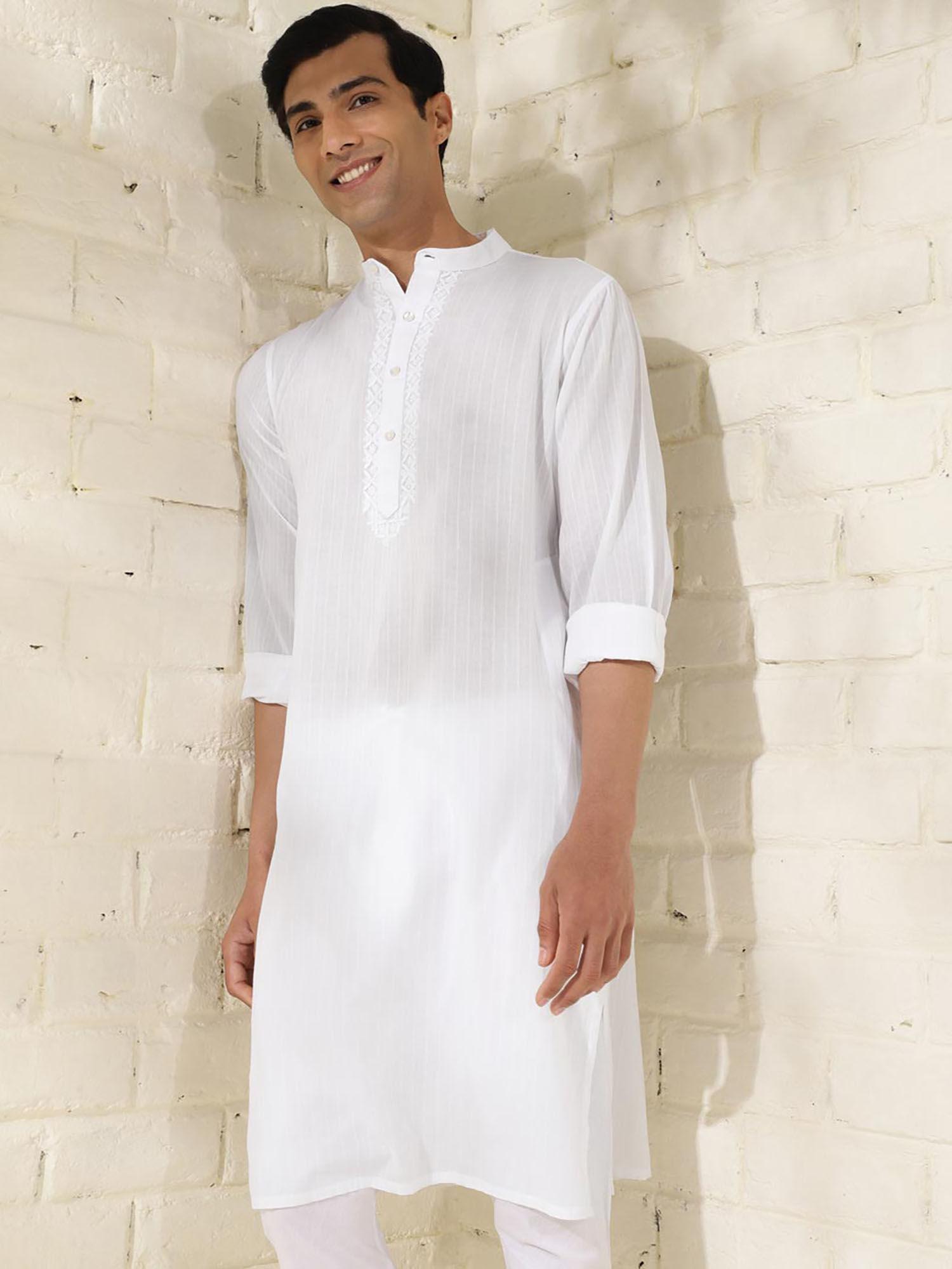 cotton white dobby chikankari stripes mandarin neck slim fit men kurta