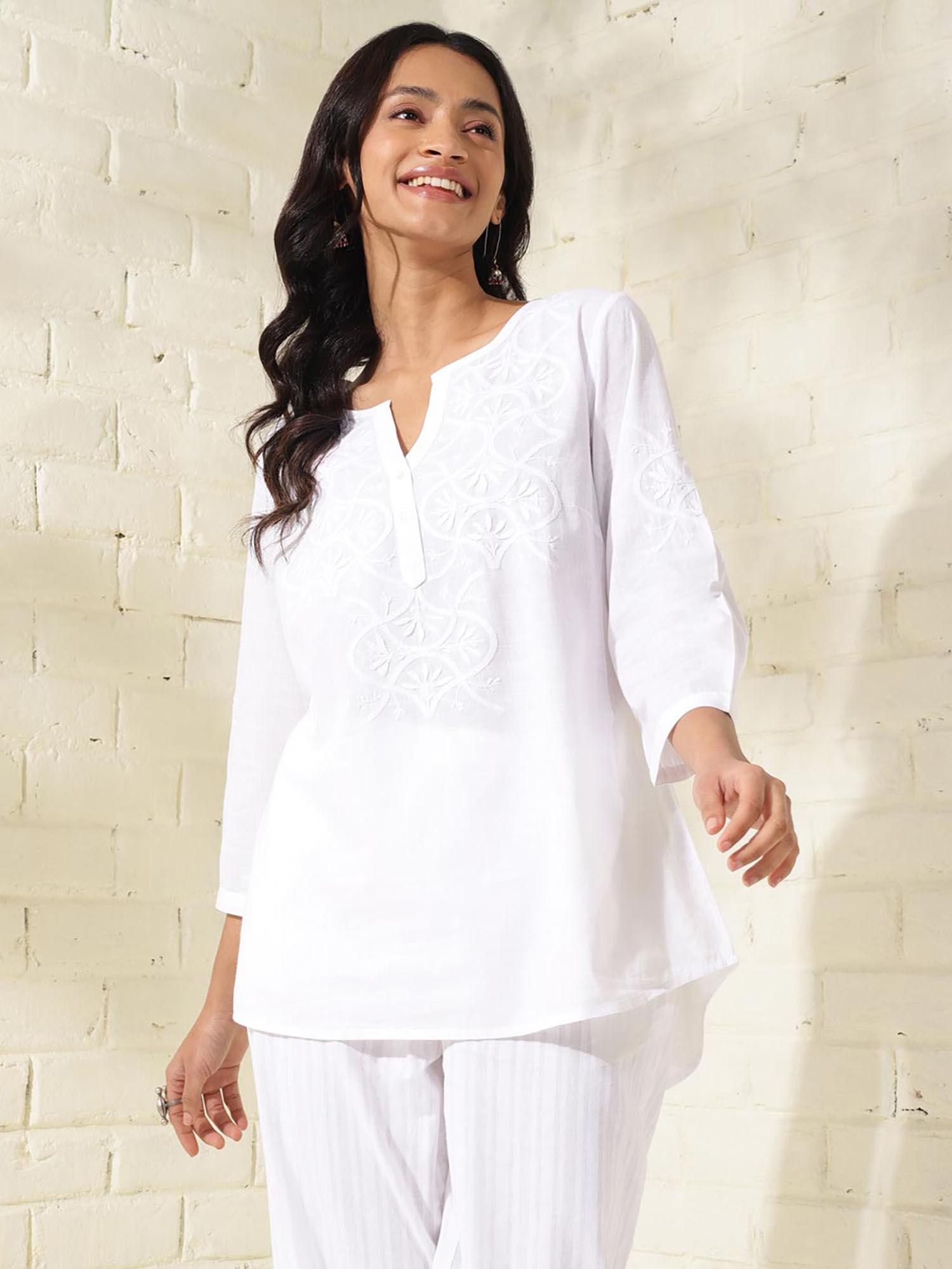 cotton white embroidered chikankari round neck placket top