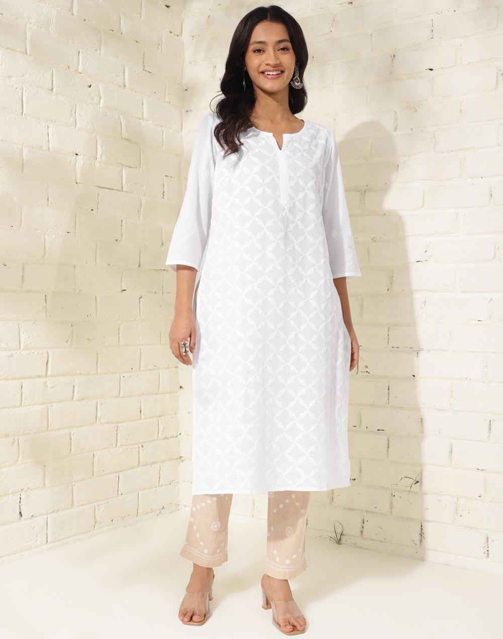 cotton white embroidered chikankari round neck slit regular fit long kurta