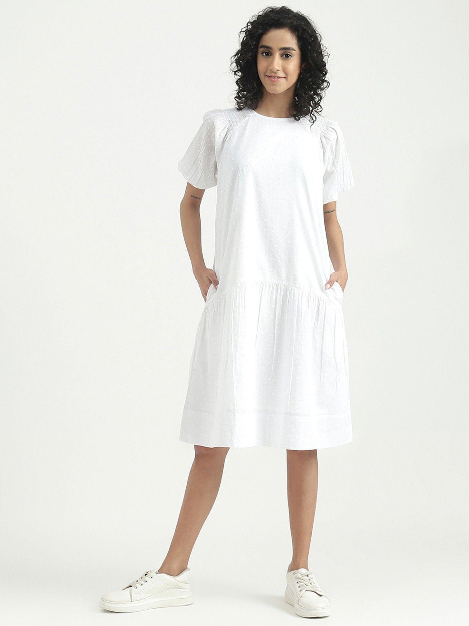 cotton white embroidered round neck women dress