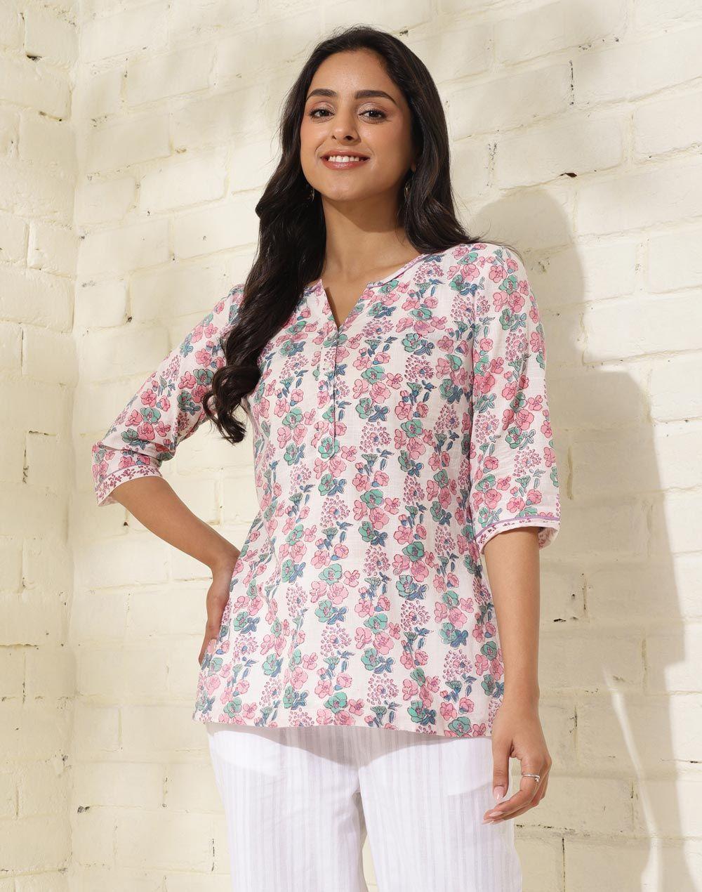 cotton white floral print round neck slit slim fit short tunic