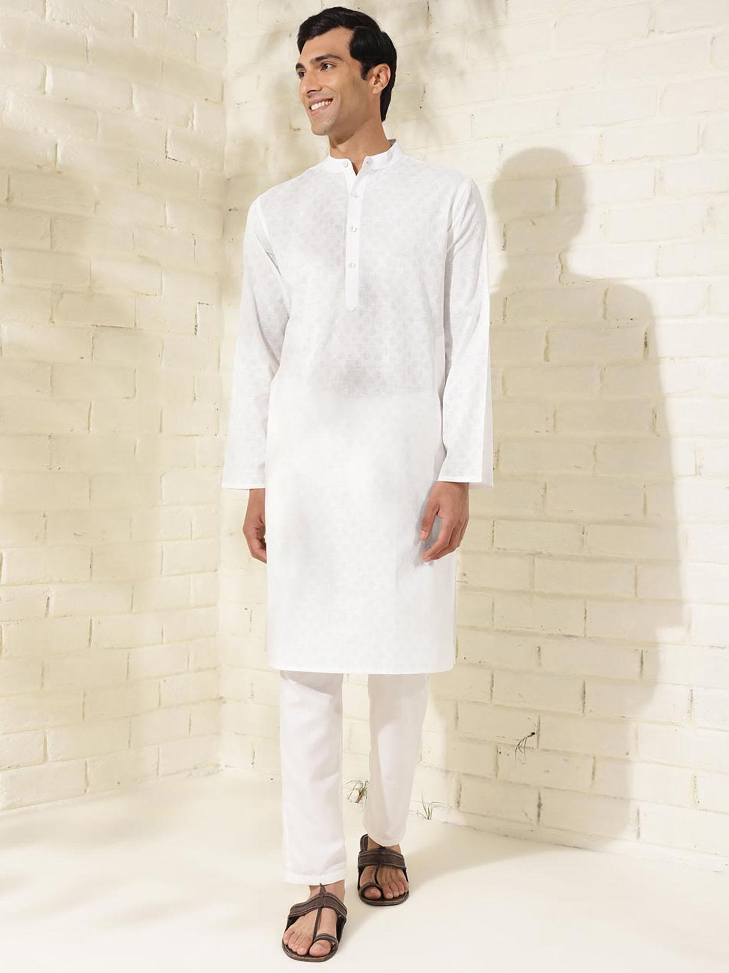 cotton white printed mandarin neck full sleeves slim fit men kurta