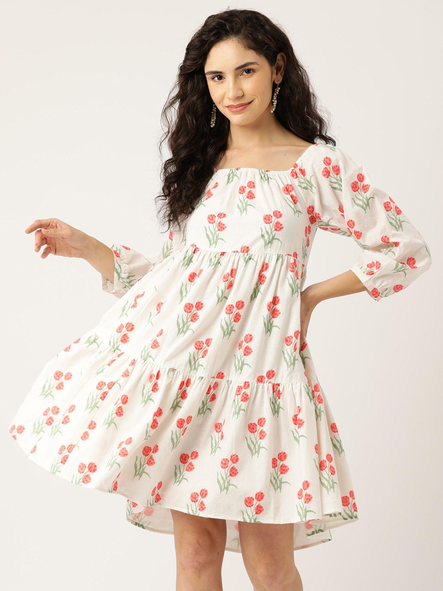 cotton white printed square neck three fourth sleeves women dresses