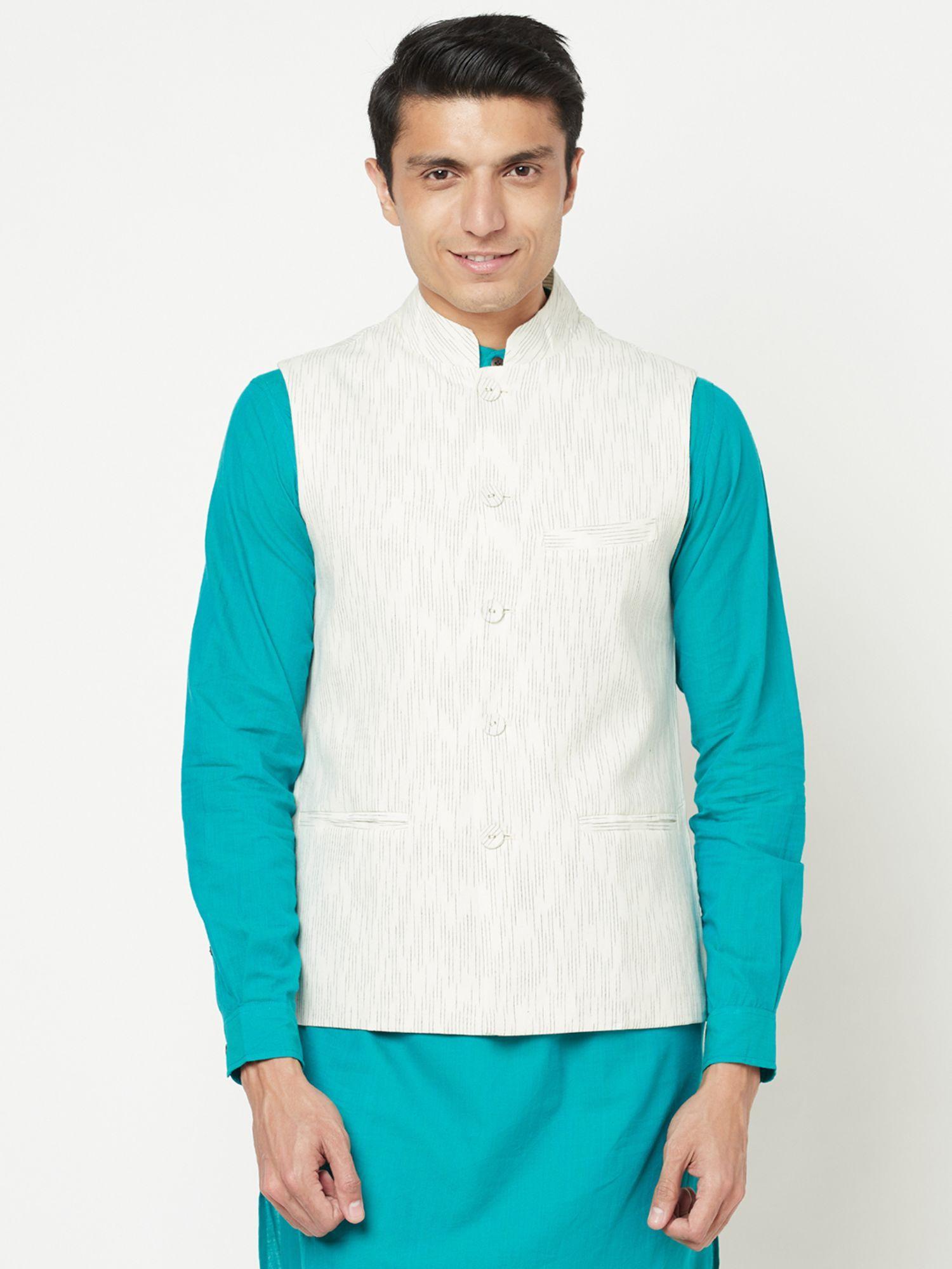 cotton white self design men nehru jacket