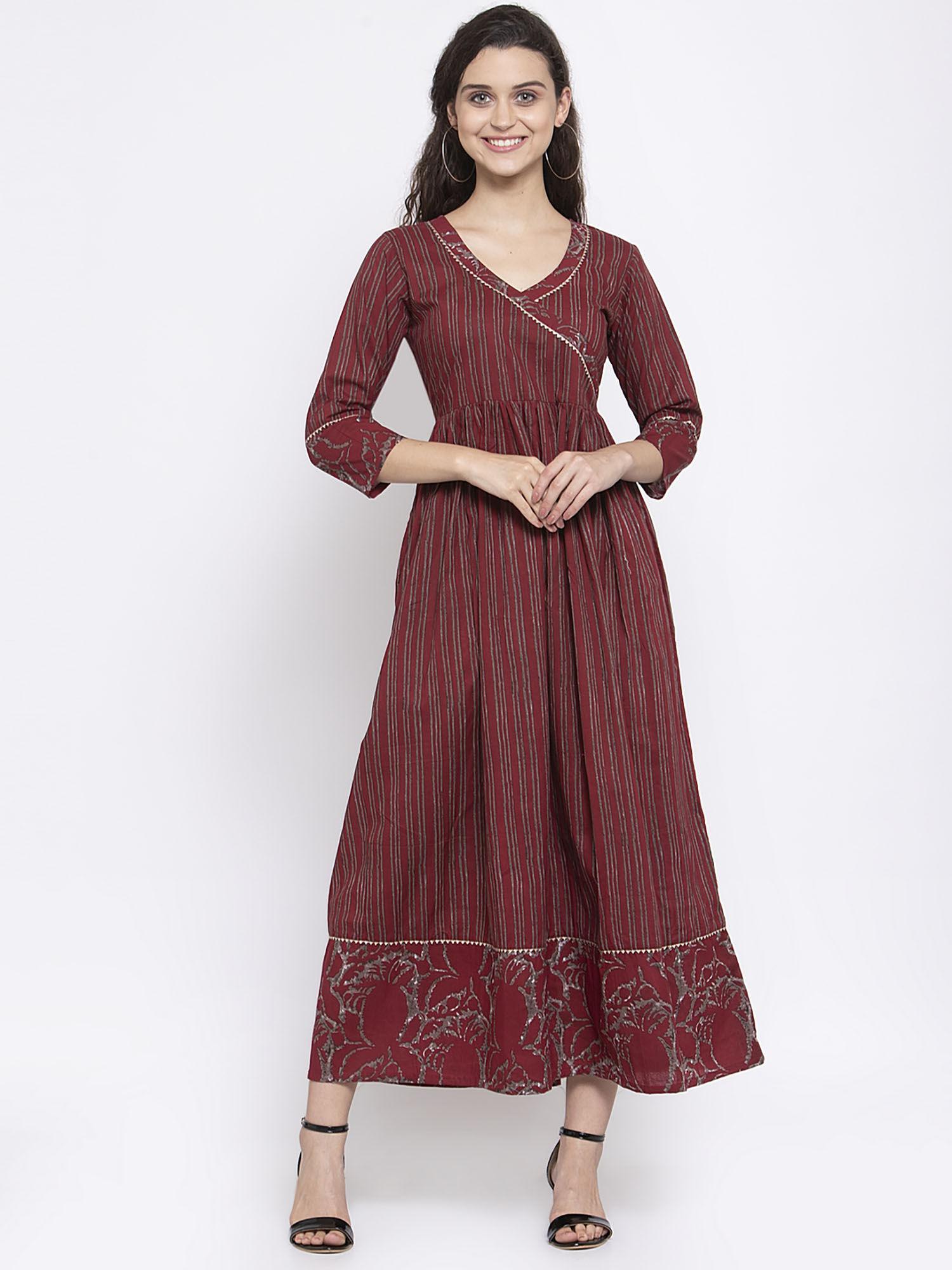 cotton wine striped print a-line maxi dress