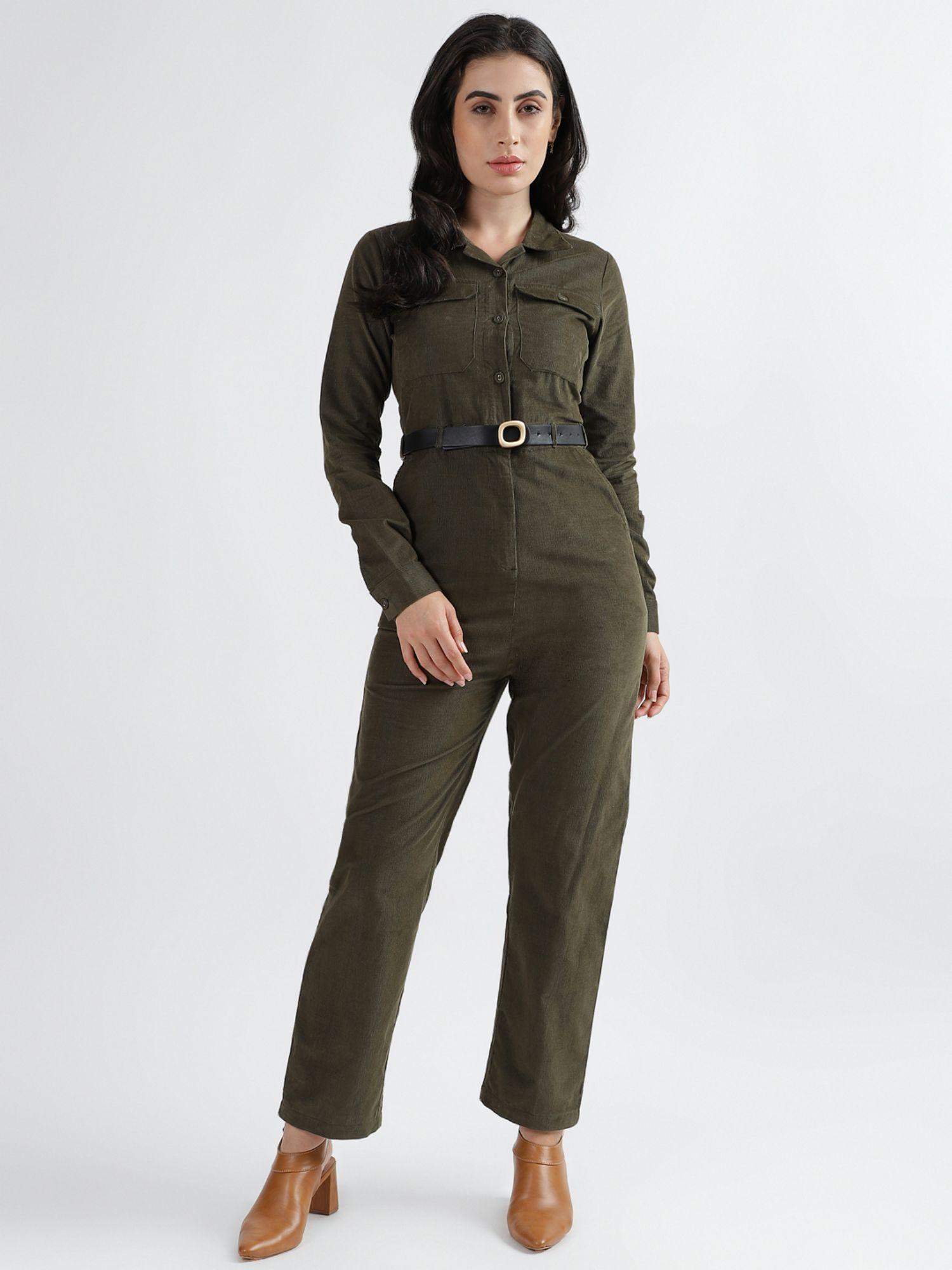 cotton women solid full sleeves jumpsuit (set of 2)