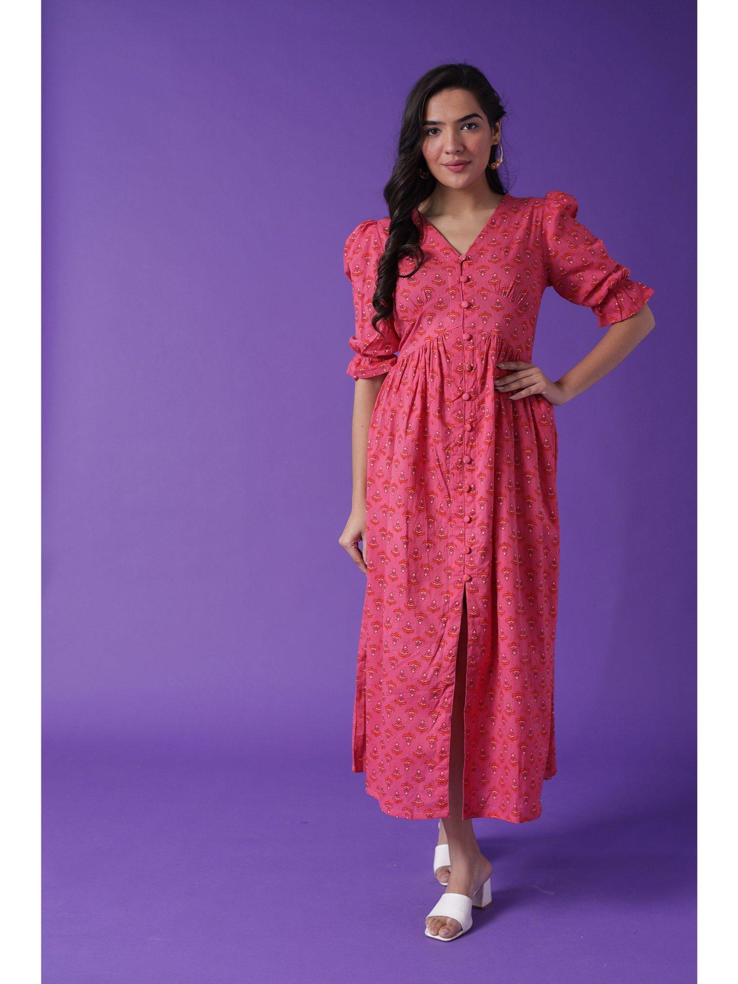 cotton woven dress with print- pink