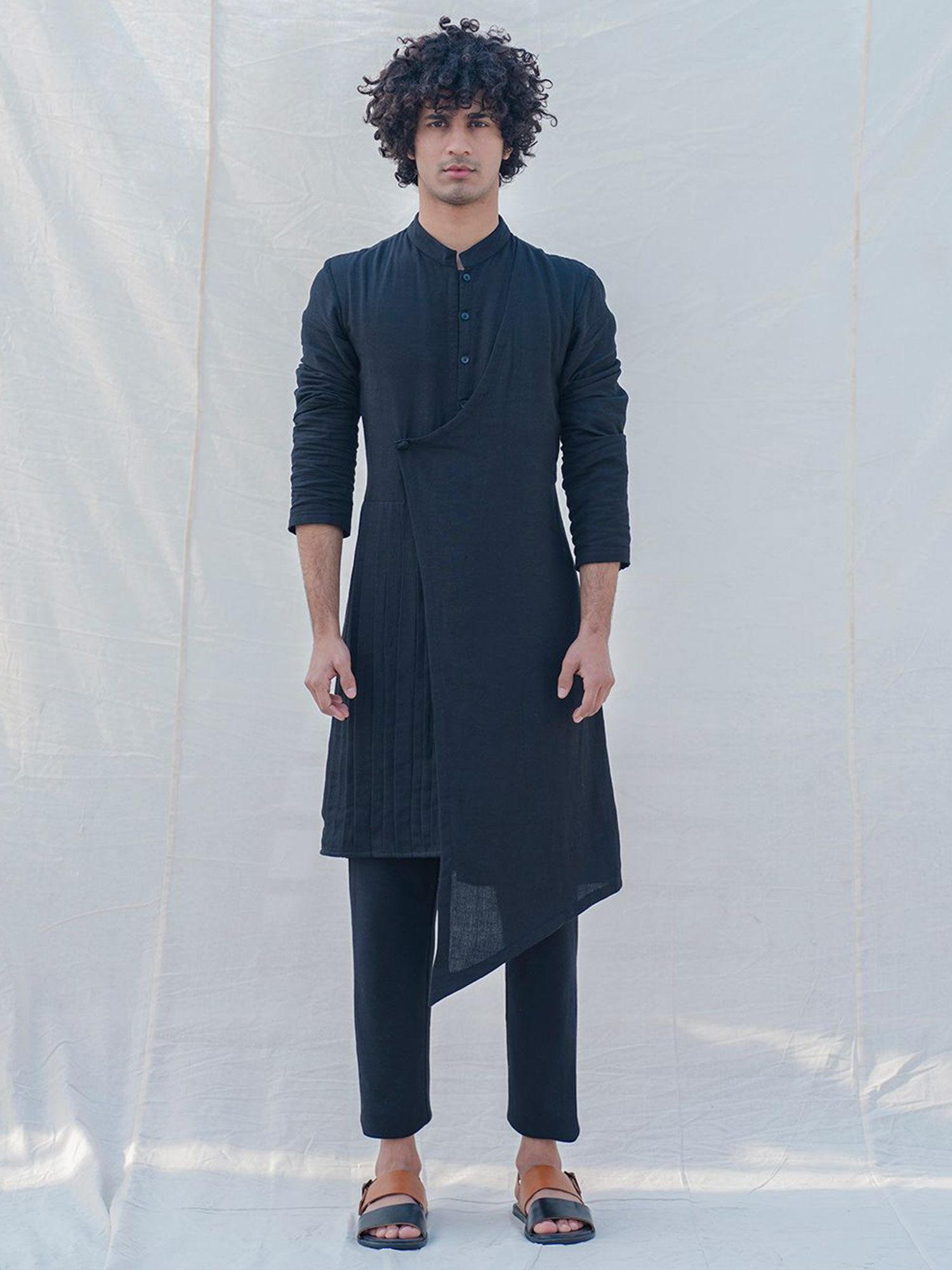 cotton x linen black kurta with pajama (set of 2)