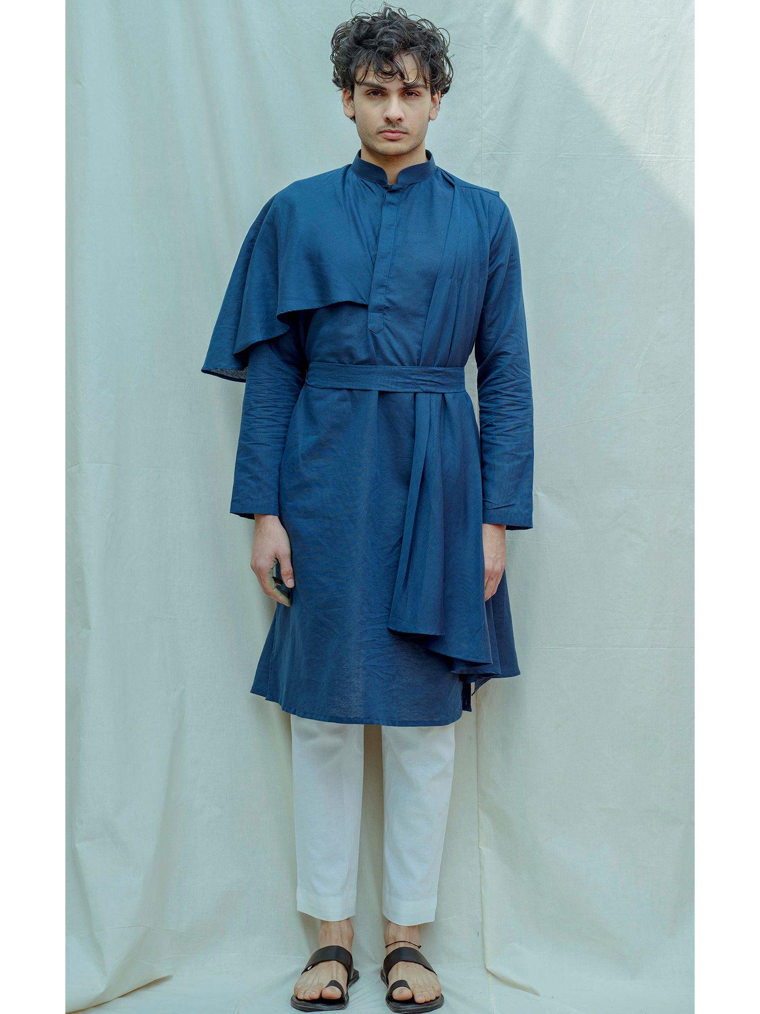 cotton x linen cape style kurta with pajama in blue (set of 2)
