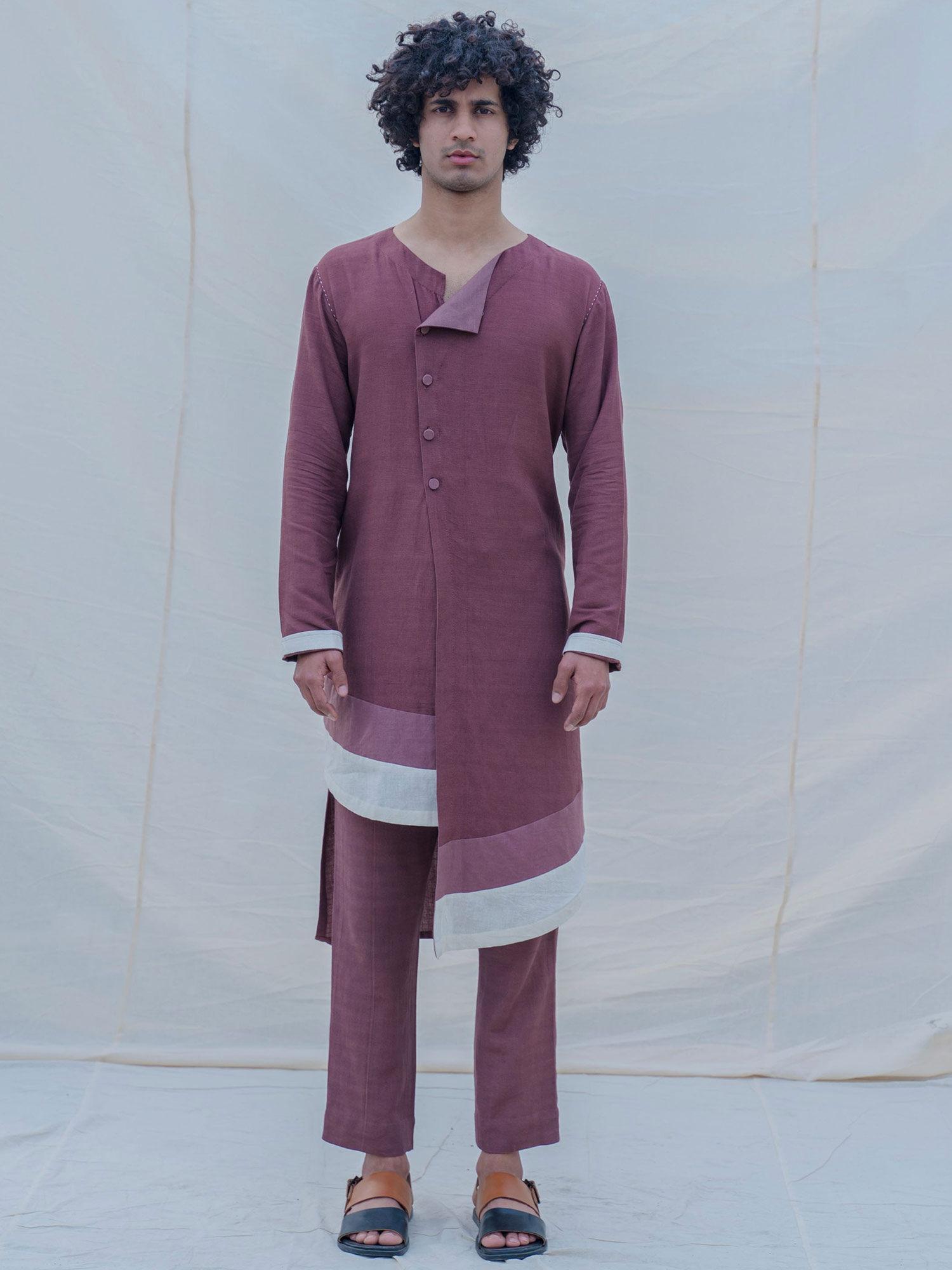 cotton x linen dark mauve kurta with pajama (set of 2)