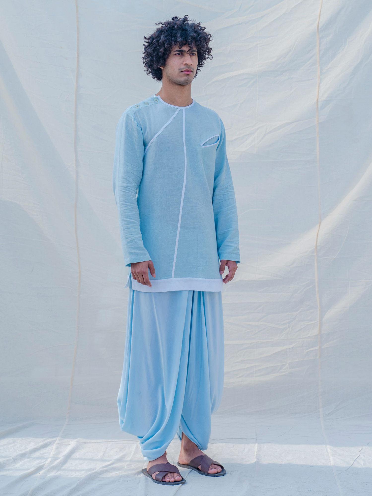 cotton x linen drenched in aqua kurta with pajama (set of 2)