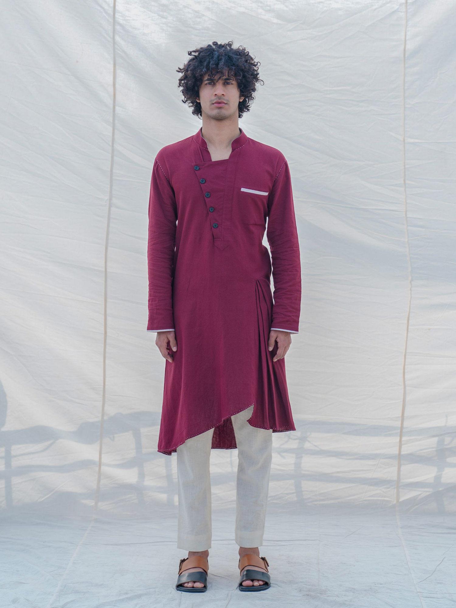 cotton x linen in maroon kurta with pajama (set of 2)