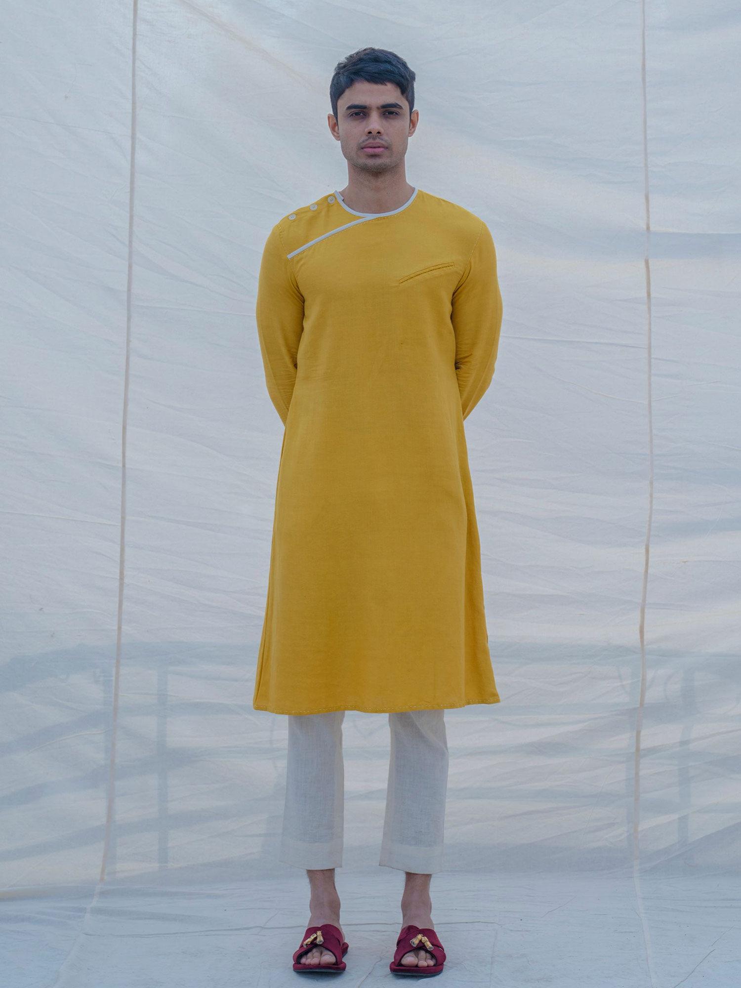 cotton x linen indisputably yellow kurta with pajama (set of 2)