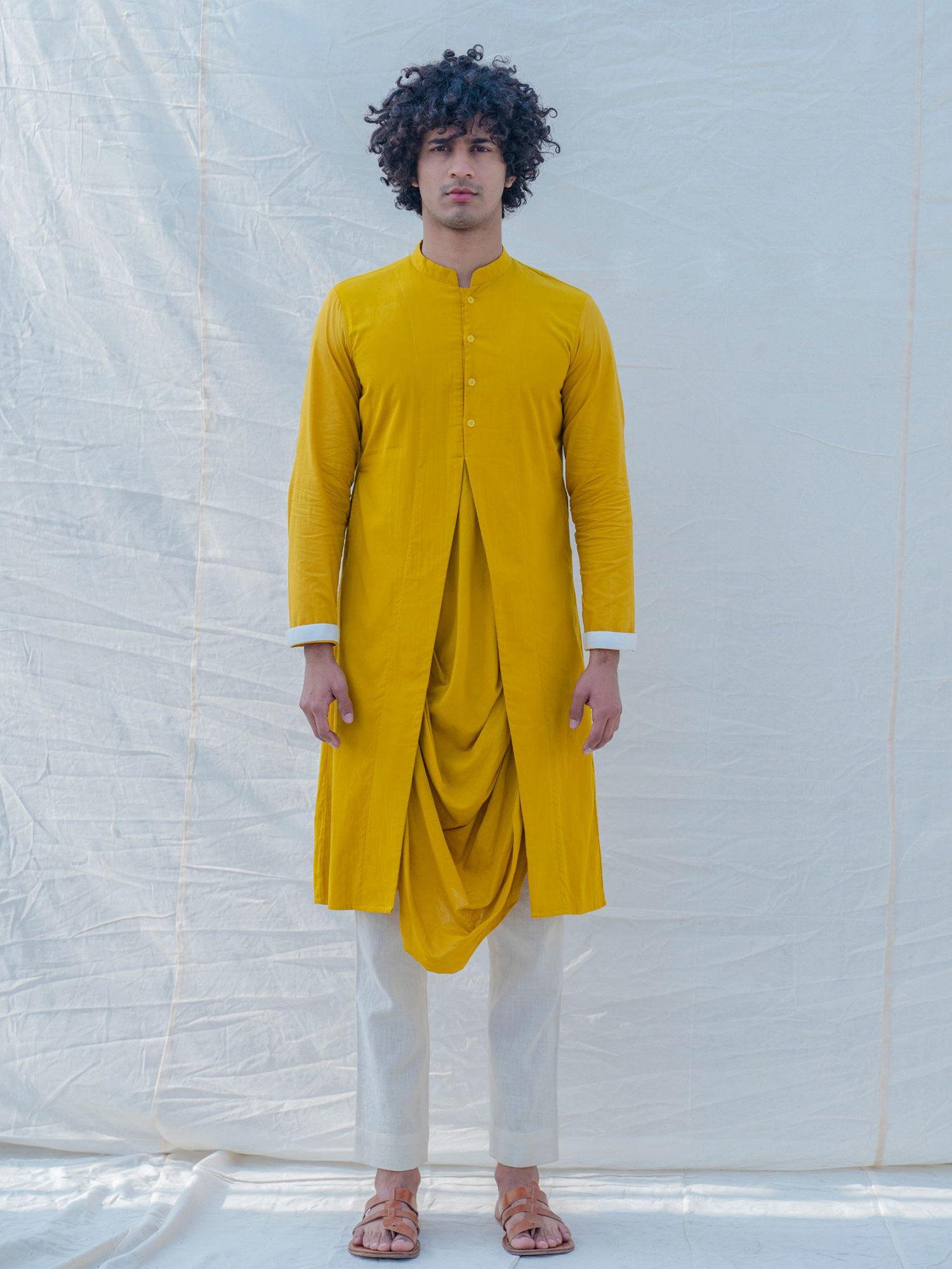 cotton x rayon indisputably yellow kurta with pajama (set of 2)