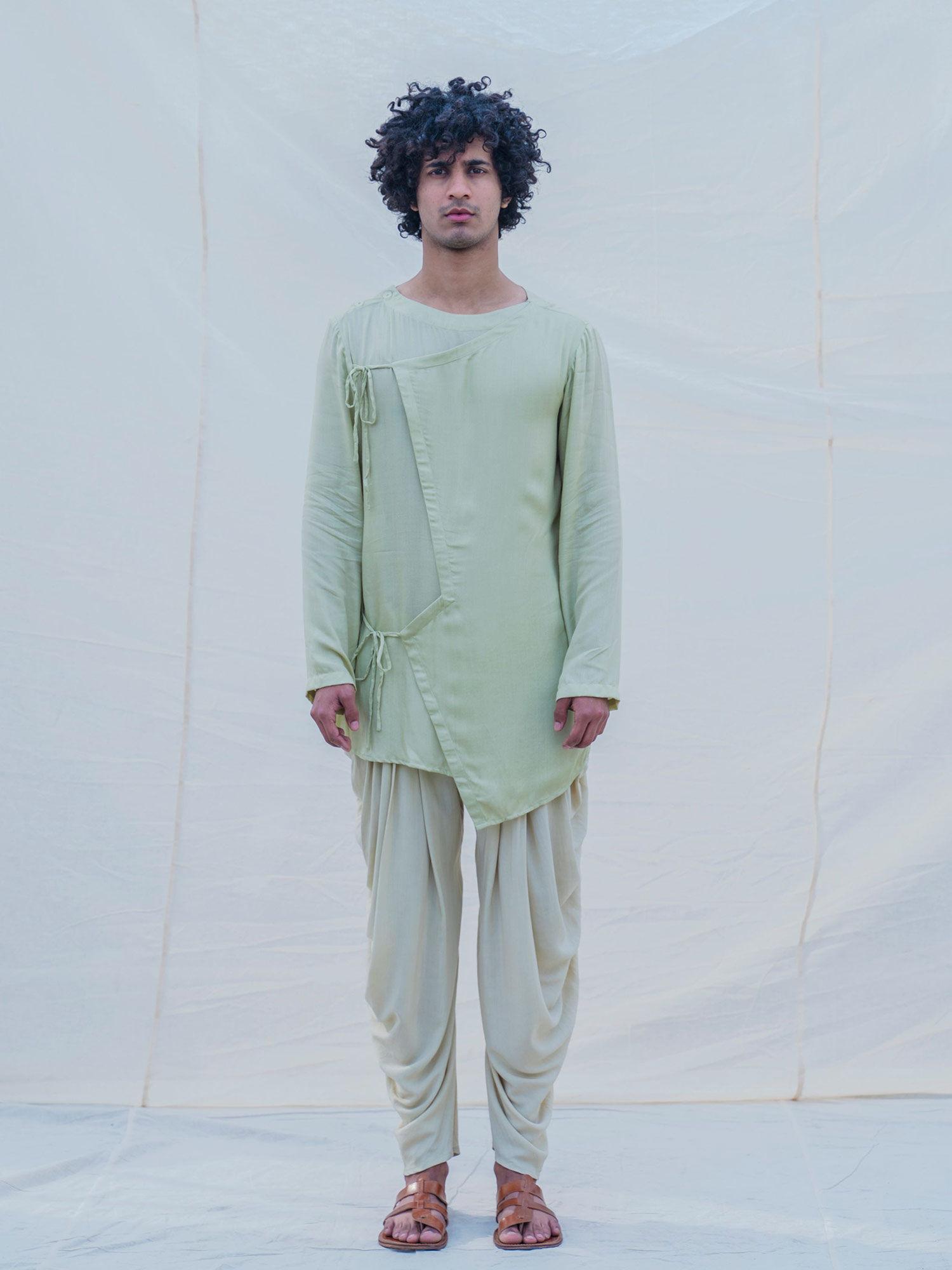 cotton x rayon pista angrakha kurta and pajama (set of 2)