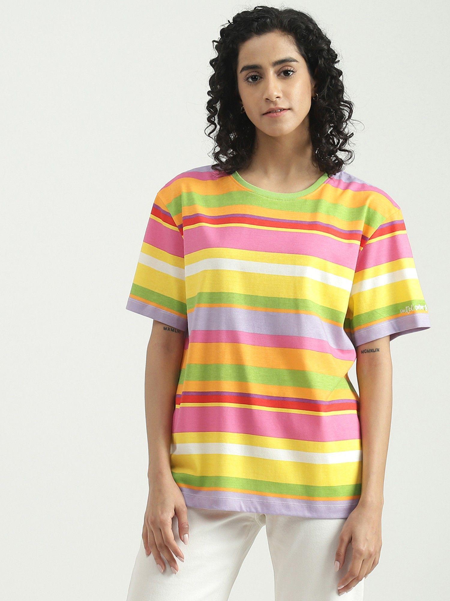 cotton yellow & multi color stripes round neck t-shirt