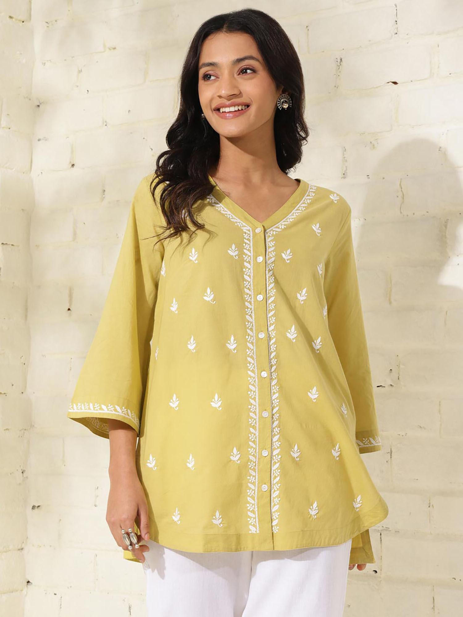 cotton yellow embroidered chikankari v-neck placket top