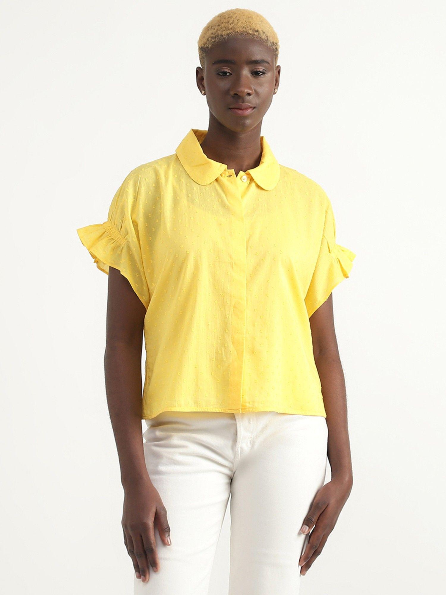 cotton yellow embroidered collar neck women shirt