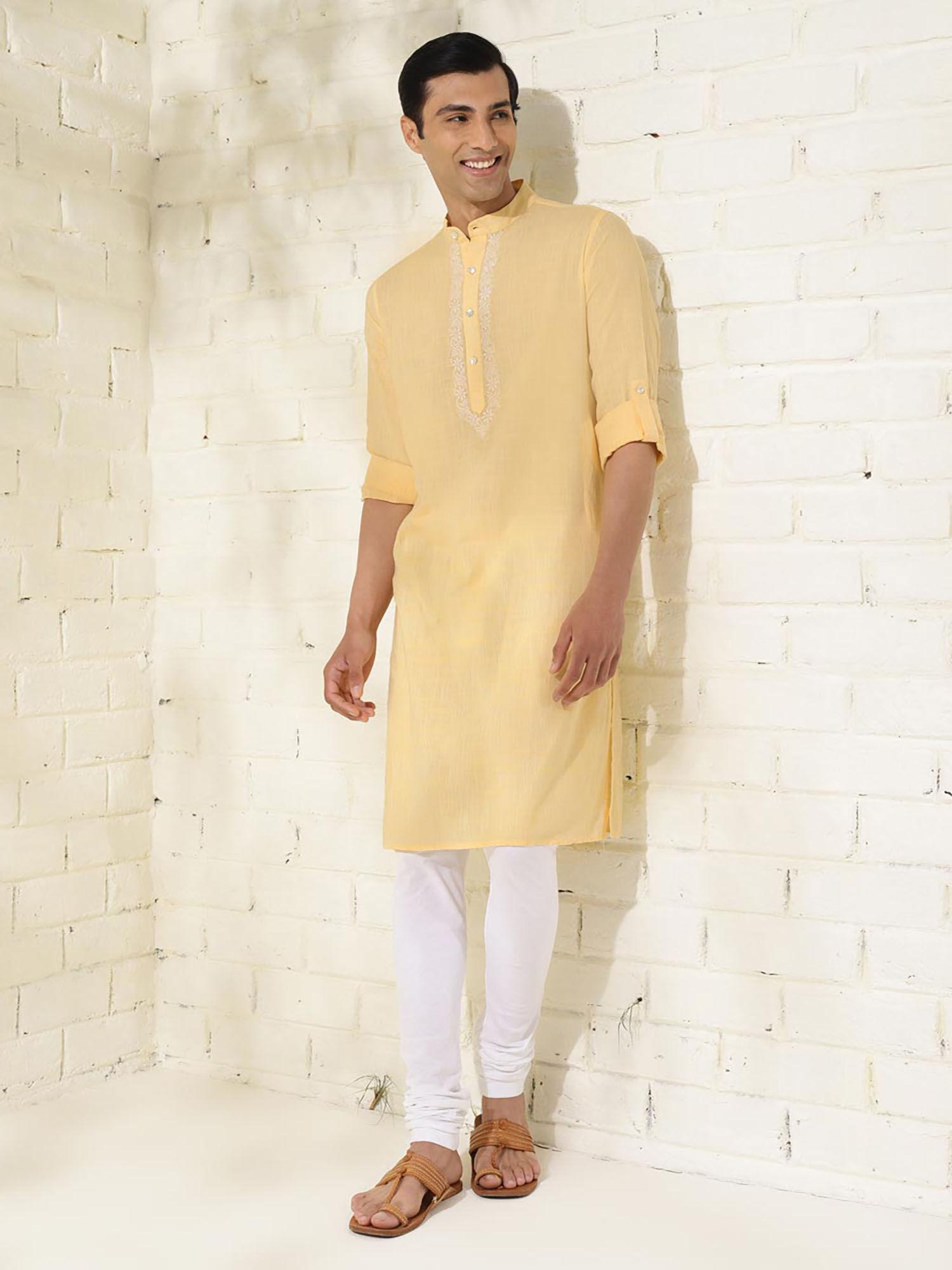 cotton yellow embroidered mandarin neck roll-up sleeves slim fit men kurta