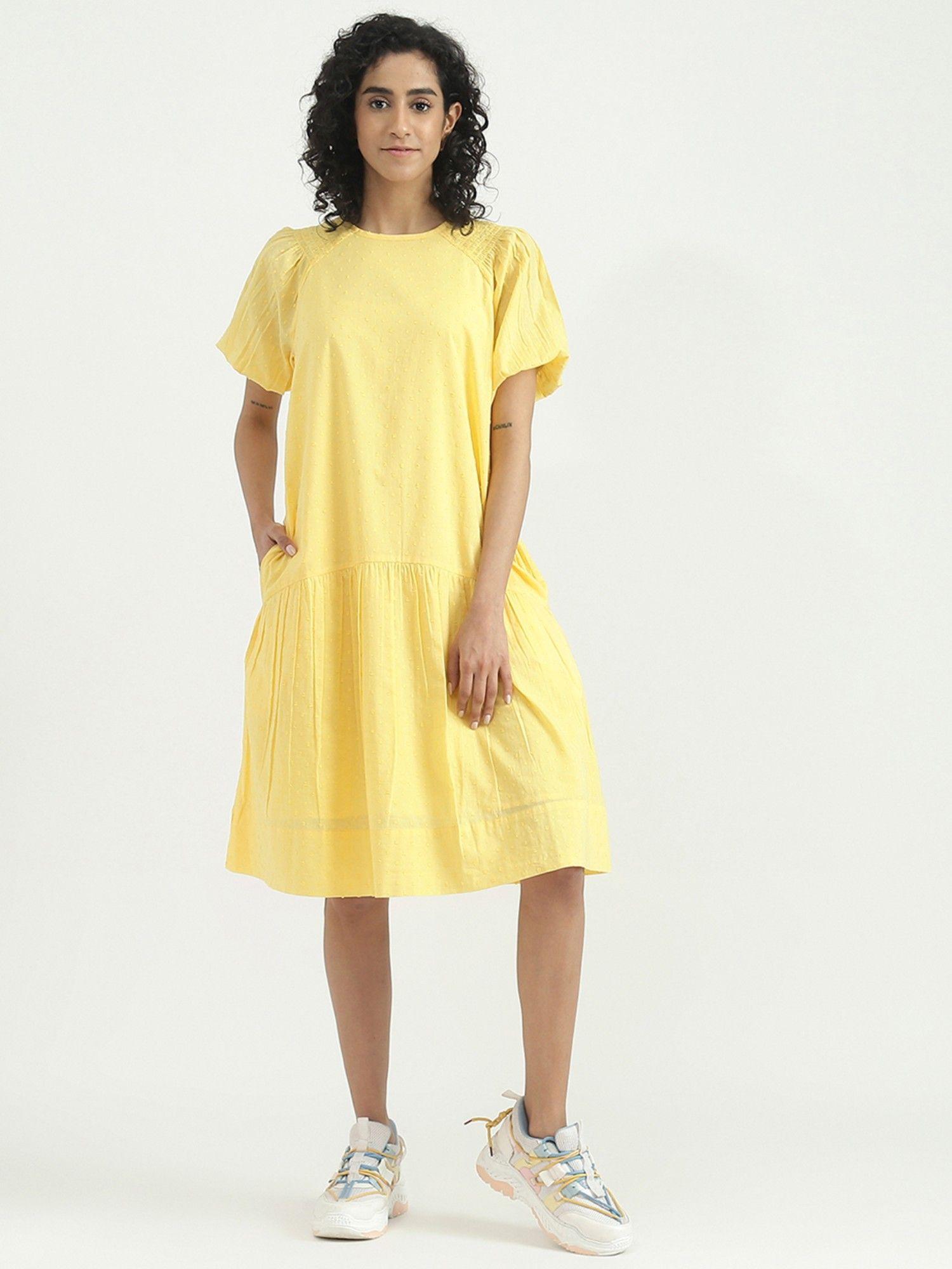 cotton yellow embroidered round neck women dress