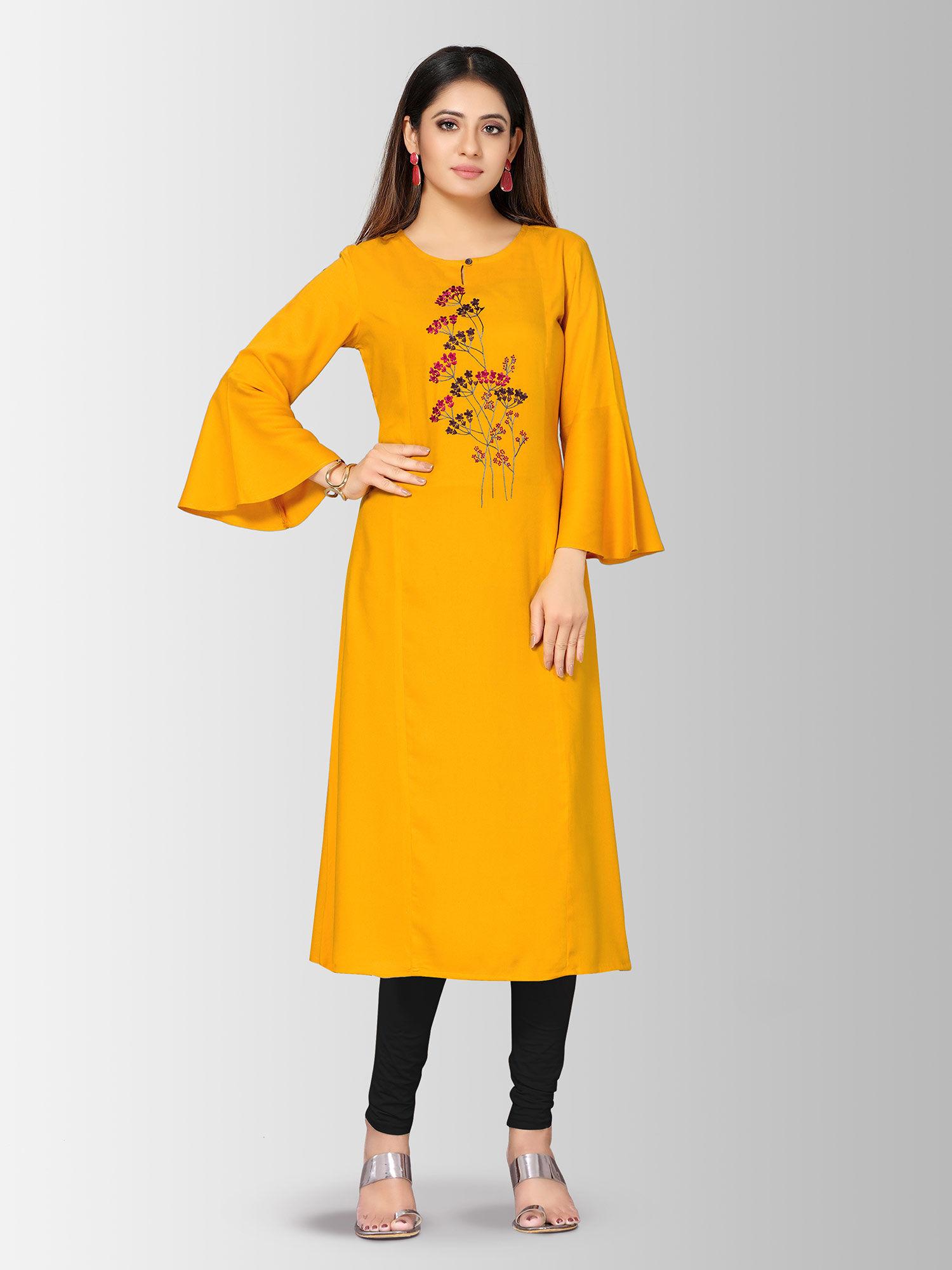 cotton yellow embroidered straight kurta