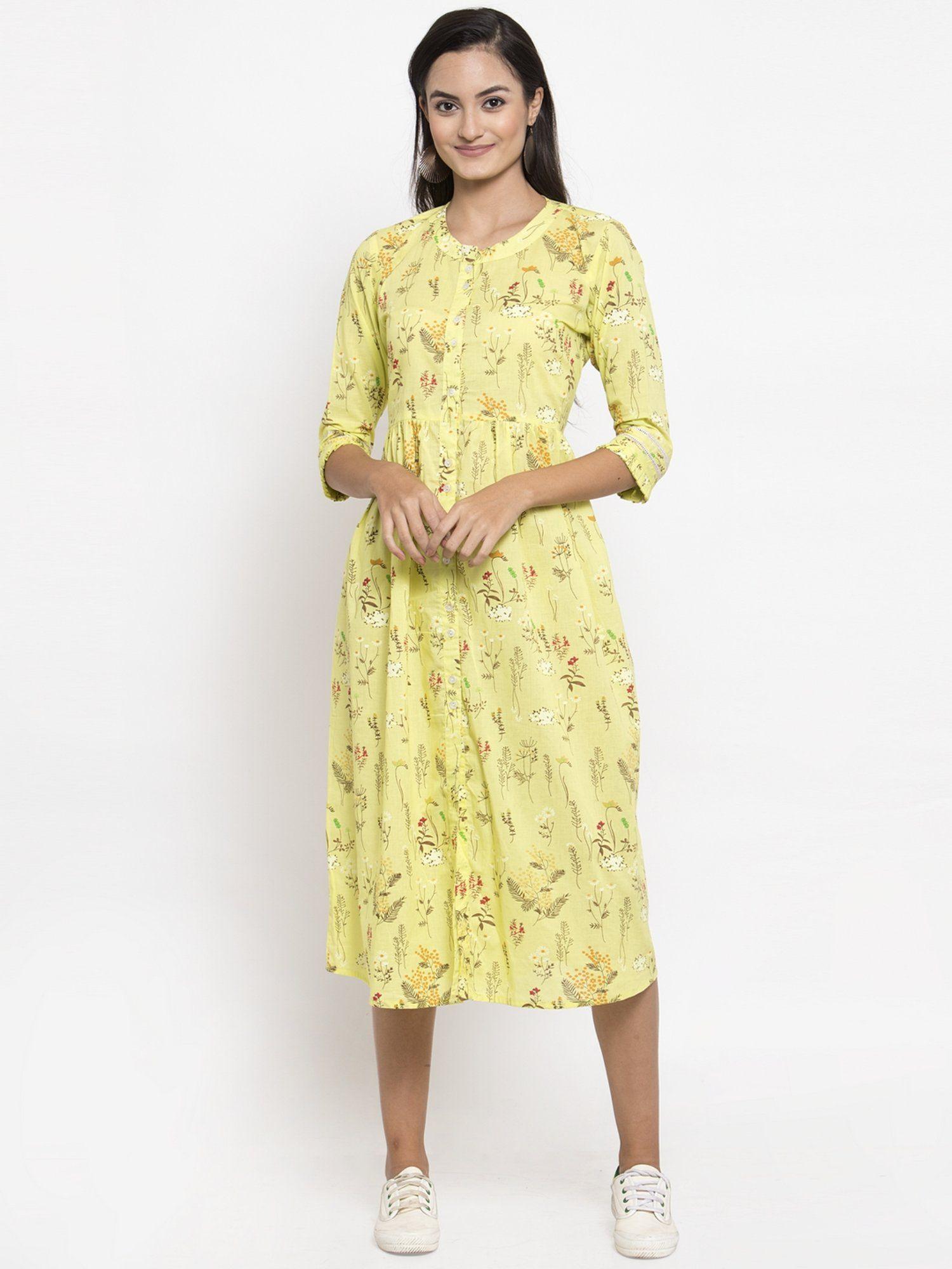 cotton yellow floral print a-line dress