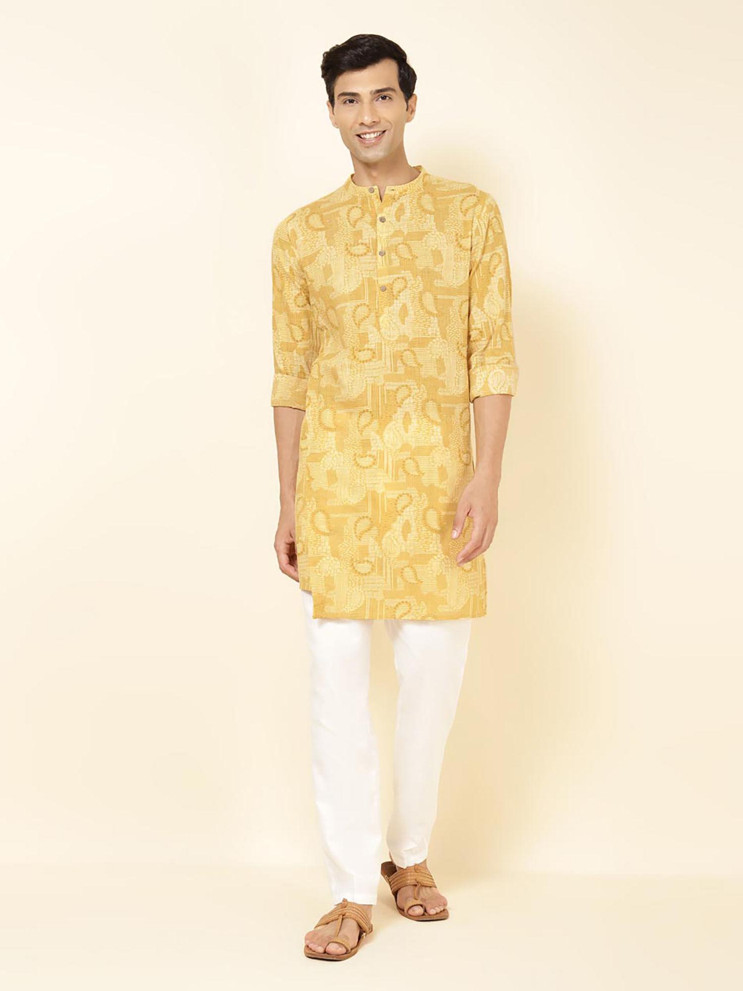 cotton yellow paisley print mandarin neck full sleeves slim fit men kurta